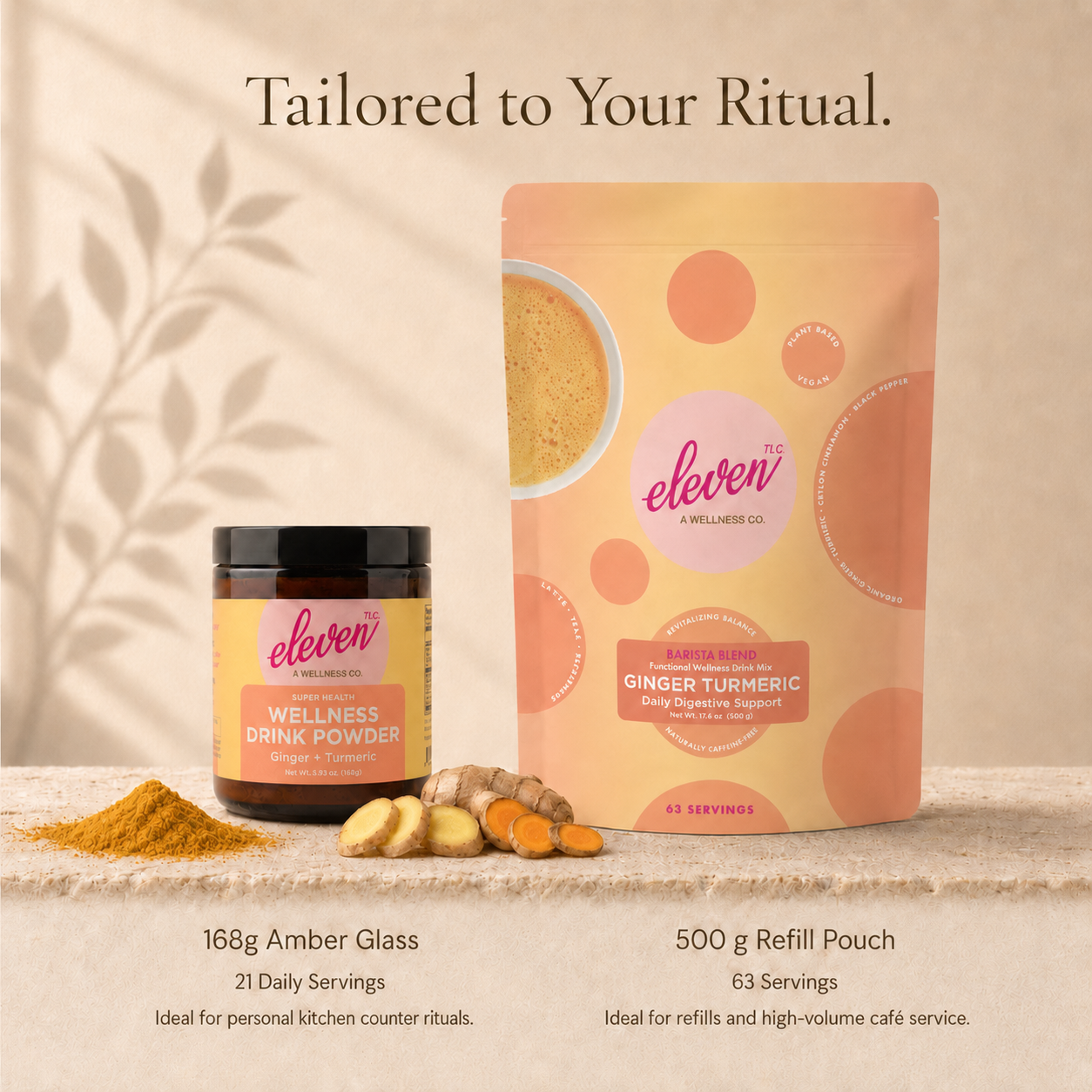 Eleven TLC Ginger Turmeric packaging format comparison featuring the 168g amber glass jar for 21 daily signals and the 500g Barista Blend pouch for 63 servings. The physical arrangement includes raw ginger root, whole turmeric pieces, and a small mound of fine turmeric powder against a warm neutral background with botanical shadows.