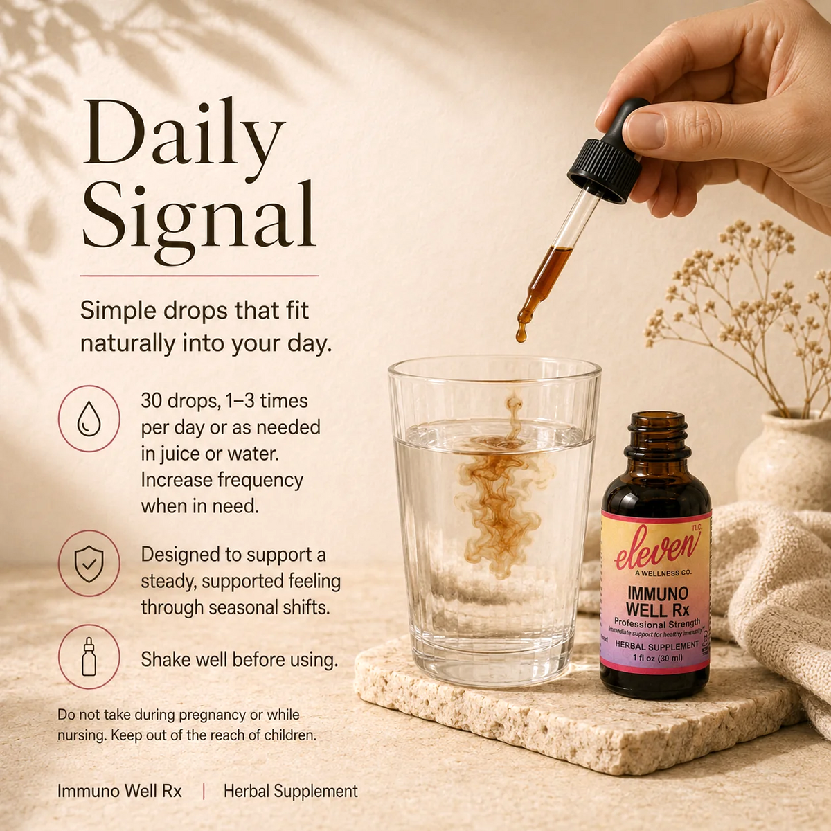 Eleven TLC Immuno-Well Rx tincture instructional slide detailing 30 drops dosage, usage frequency, and safety warnings.