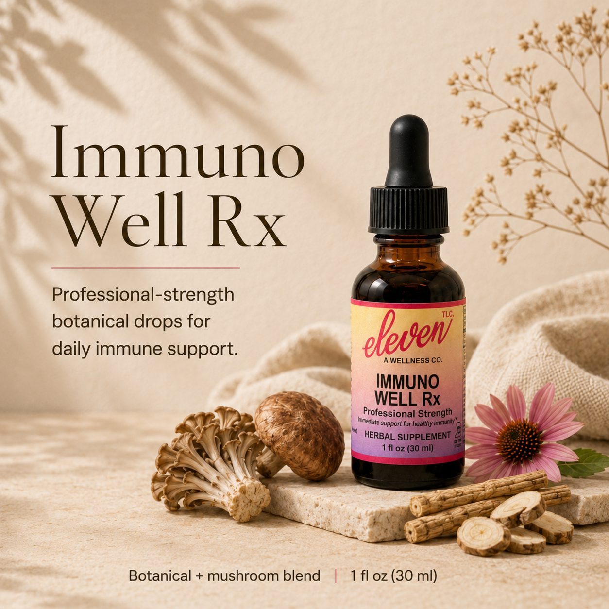 Eleven TLC Immuno-Well Rx 1oz tincture bottle with botanicals, featuring professional-strength immune support formula