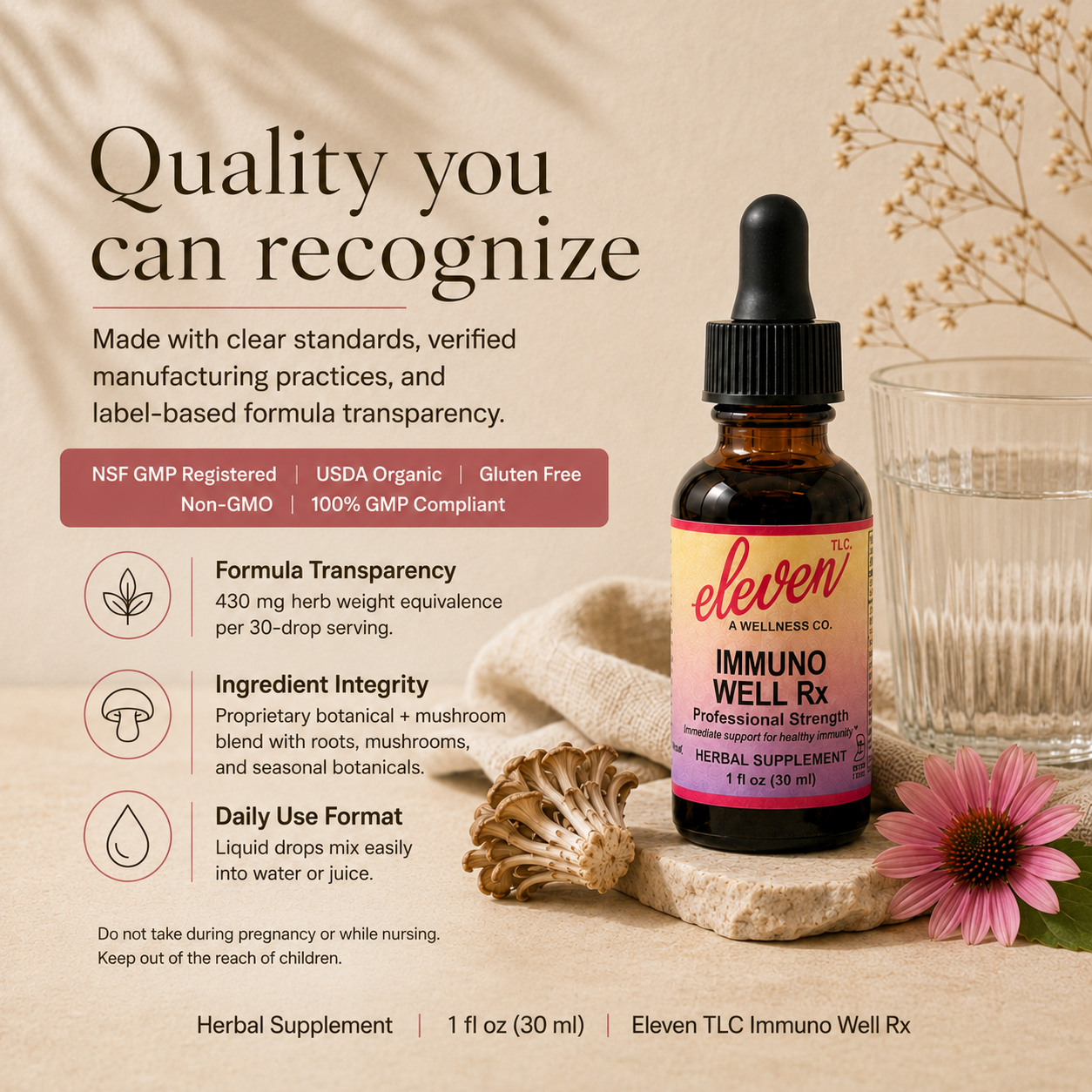Eleven TLC Immuno-Well Rx tincture quality infographic highlighting NSF GMP compliance, USDA Organic certification, and formula transparency.