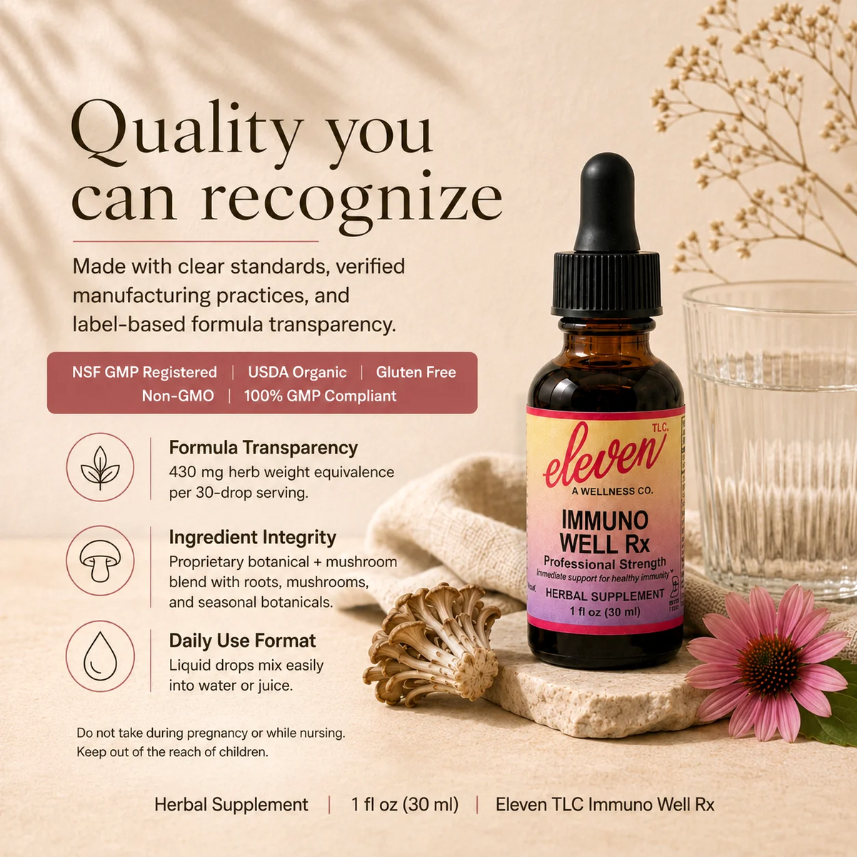 Eleven TLC Immuno-Well Rx tincture quality infographic highlighting NSF GMP compliance, USDA Organic certification, and formula transparency.