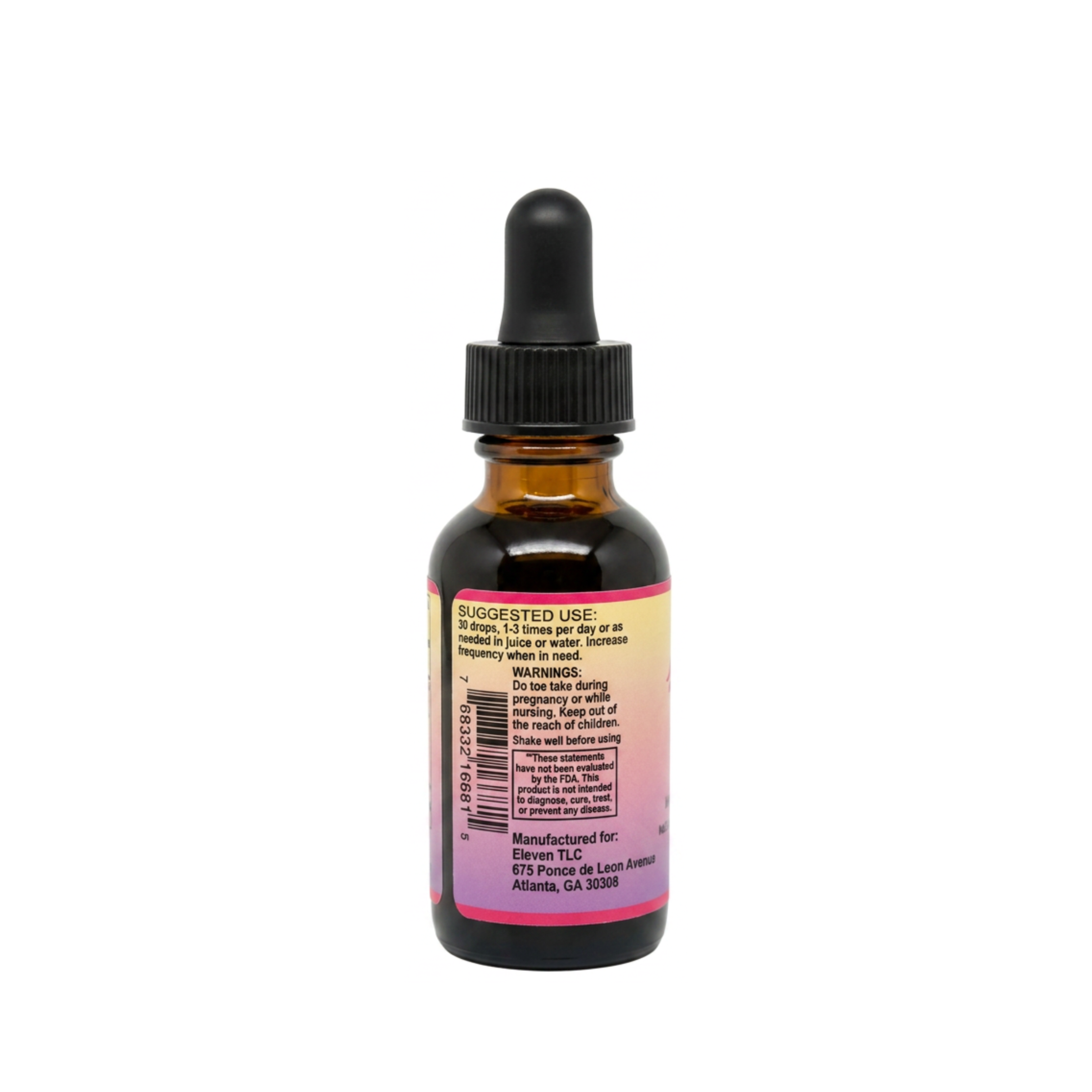 Eleven TLC Immuno-Well 1 oz tincture back label showing suggested use, warnings, and Atlanta, GA manufacturing location.