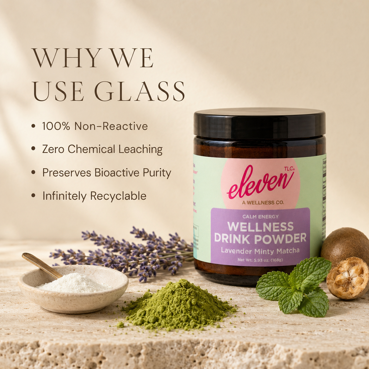 eleven-tlc-lavender-minty-matcha-powder-168g-amber-glass-jar-on-stone-surface-highlighting-non-reactive-glass-packaging-benefits-for-bioactive-purity