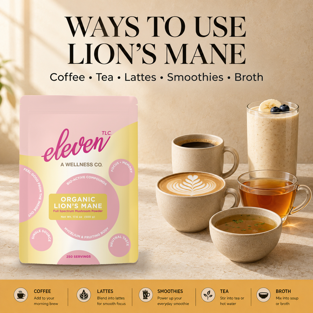 Eleven TLC Lion’s Mane 500g foodservice pouch beside coffee, a latte, smoothie, tea and broth, with a gold guide showing ways to use the powder.