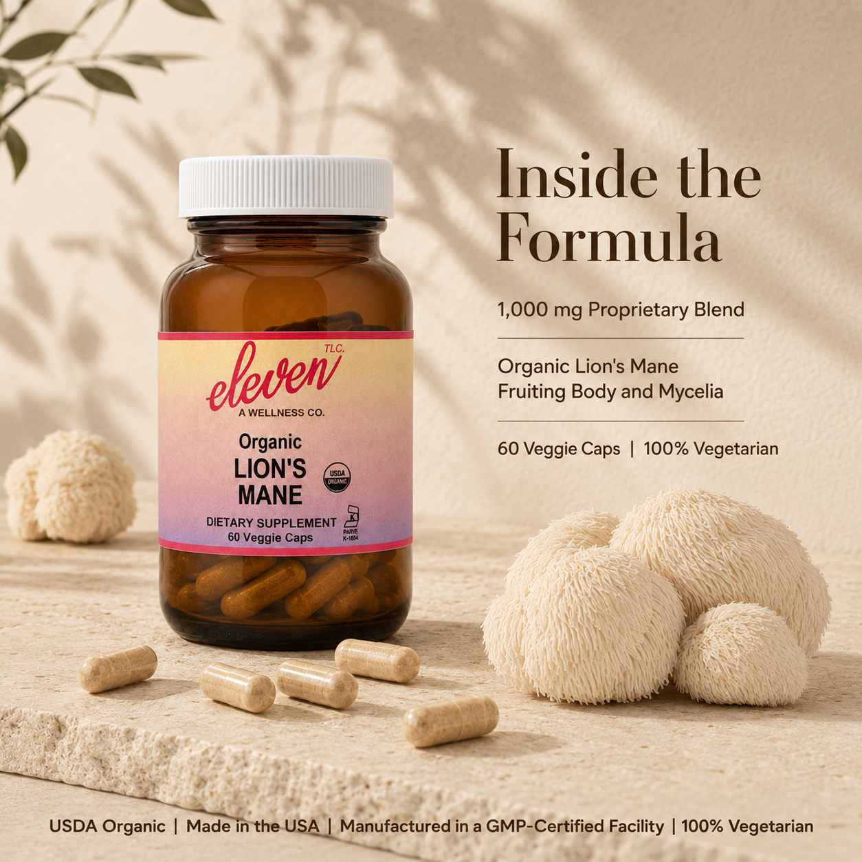 Eleven TLC Organic Lion's Mane Mushroom capsules 60-count bottle graphic: highlights 1,000mg proprietary blend of fruiting body and mycelia.