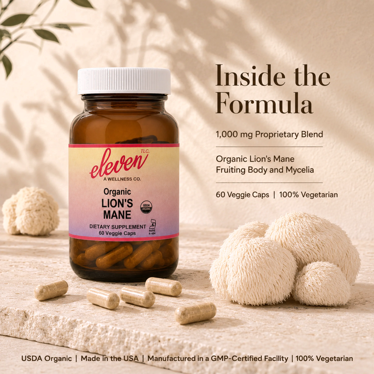 Eleven TLC Lion's Mane mushroom capsules bottle graphic: 1,000mg organic fruiting body and mycelia.
