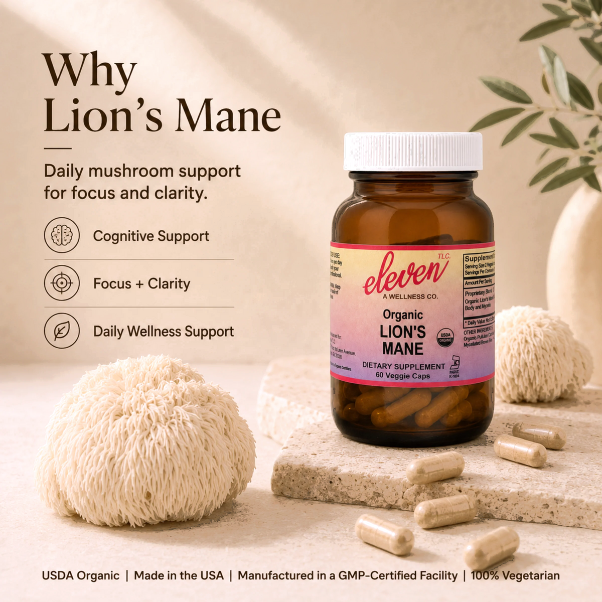 Eleven TLC Lion's Mane mushroom capsules bottle on a neutral surface with fresh lion's mane mushrooms.
