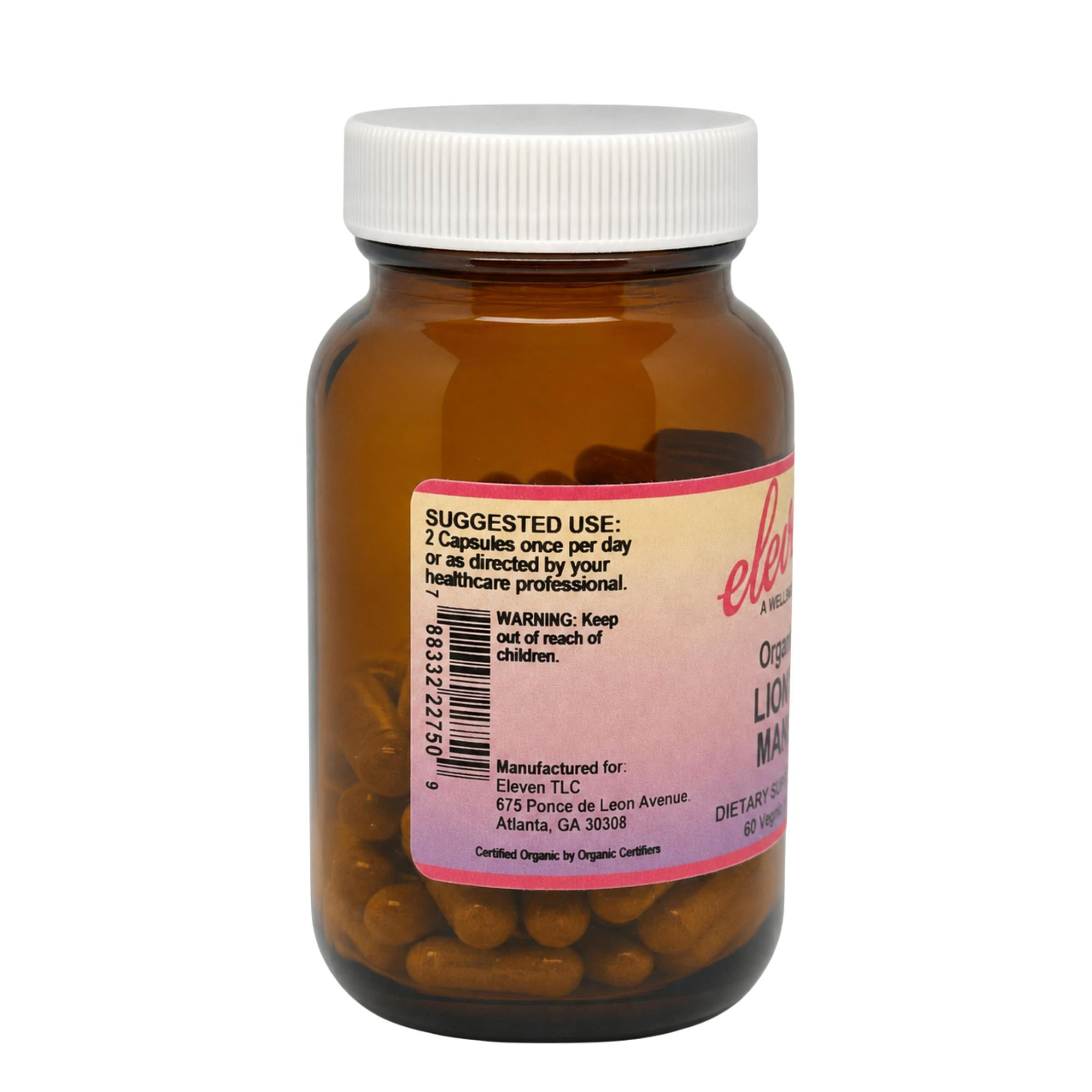 Eleven TLC 60-count Lion's Mane mushroom capsules label: suggested use of 2 capsules daily as directed by a healthcare professional.