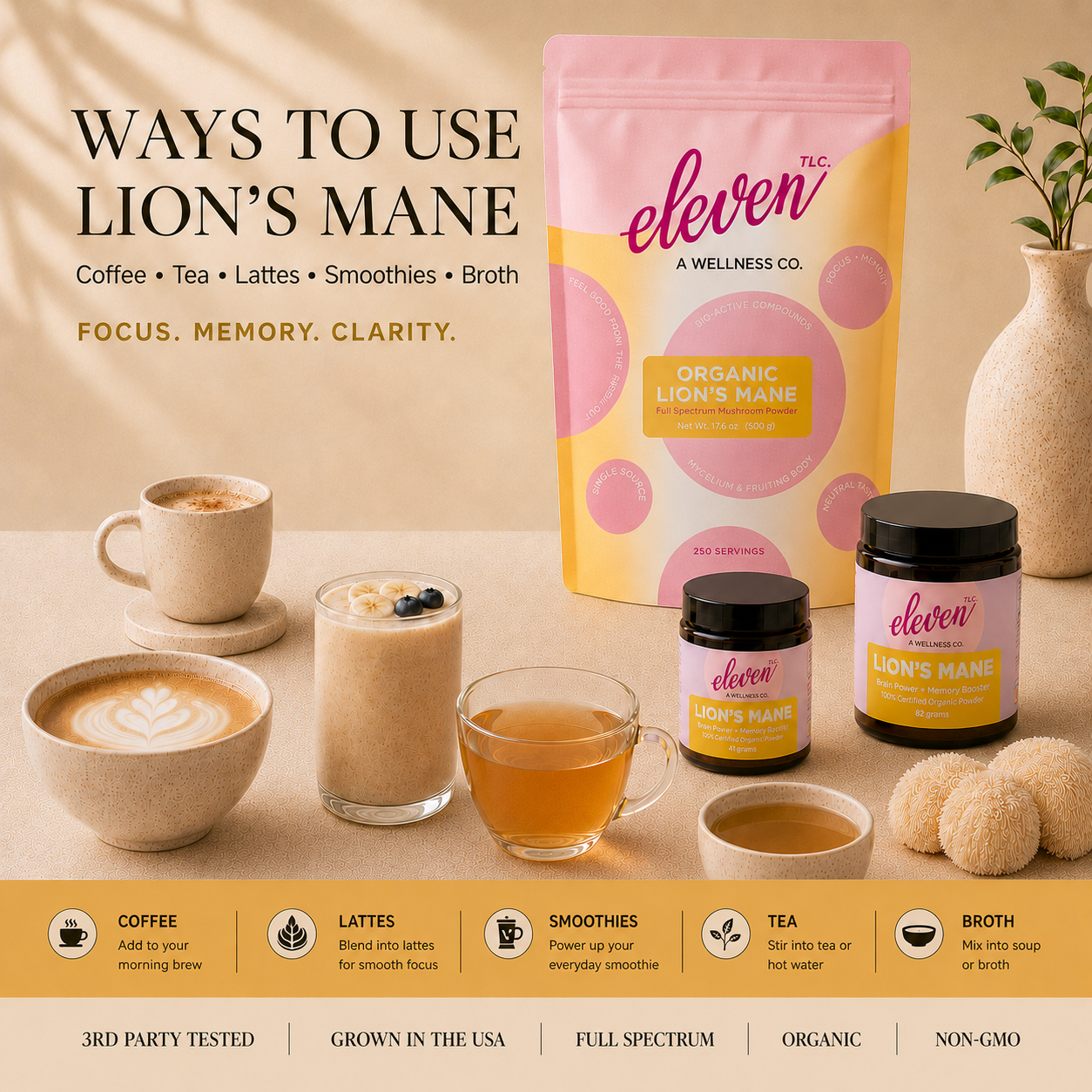 eleven-tlc-lions-mane-mushroom-powder-500g-ways-to-use-coffee-lattes-smoothies-tea-broth-shopify