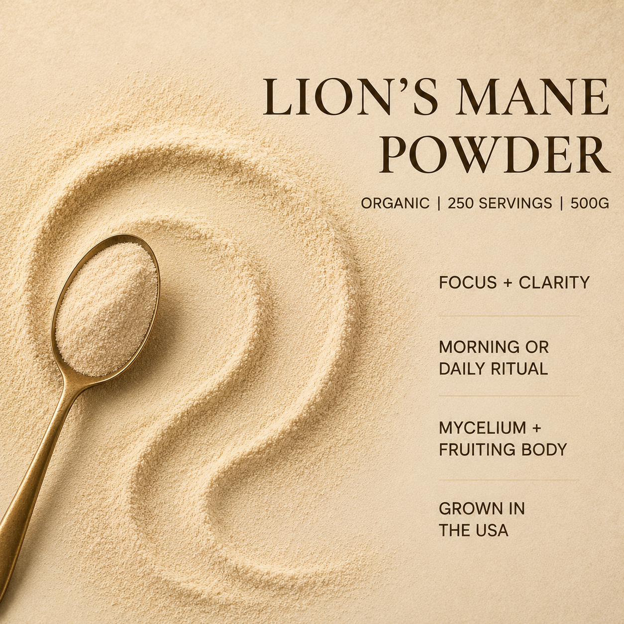Lion’s Mane powder swirl graphic for Eleven TLC showing focus and clarity, daily ritual use, mycelium and fruiting body, and grown in the USA.