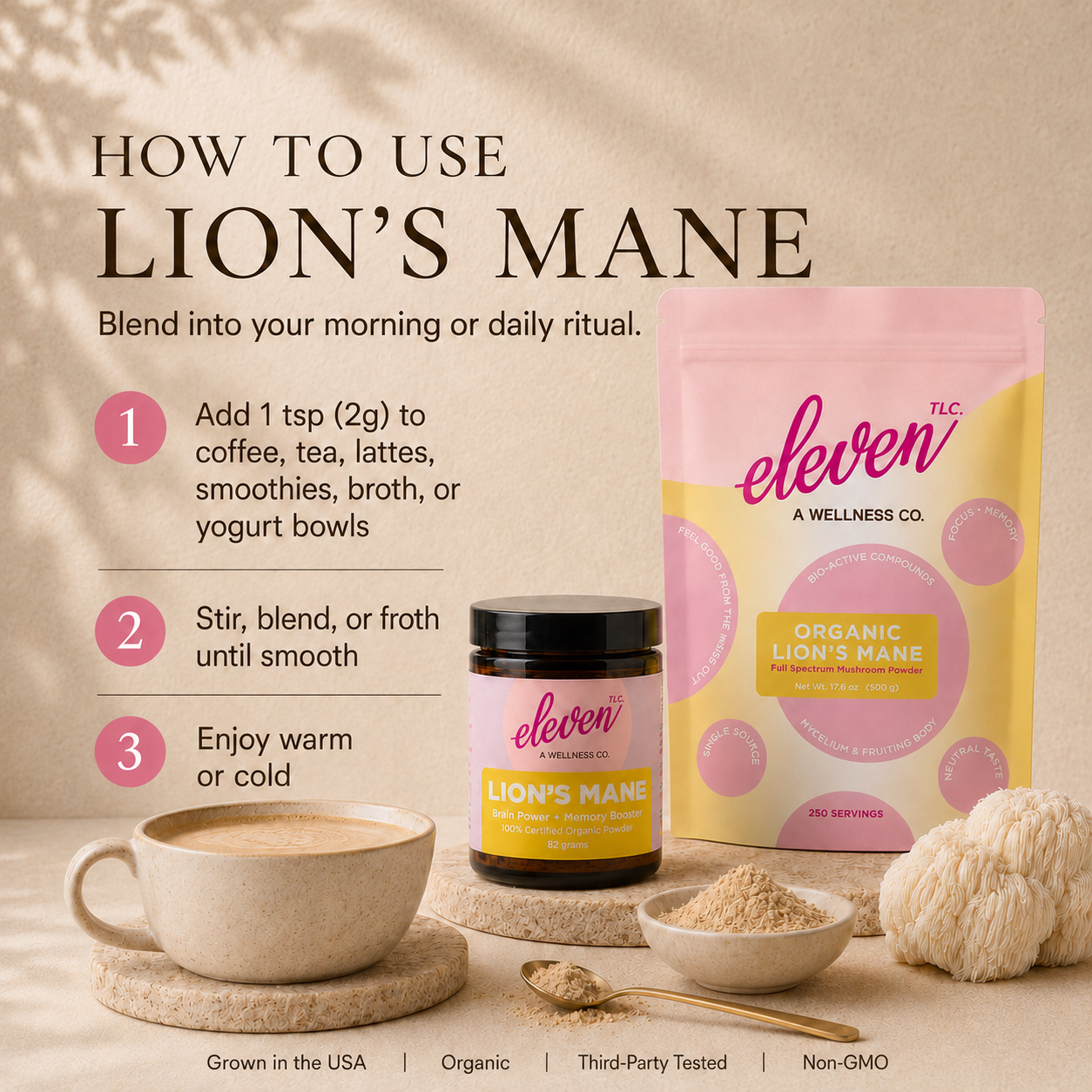 eleven-tlc-lions-mane-mushroom-powder-how-to-use-1-tsp-2g-coffee-tea-lattes-smoothies-