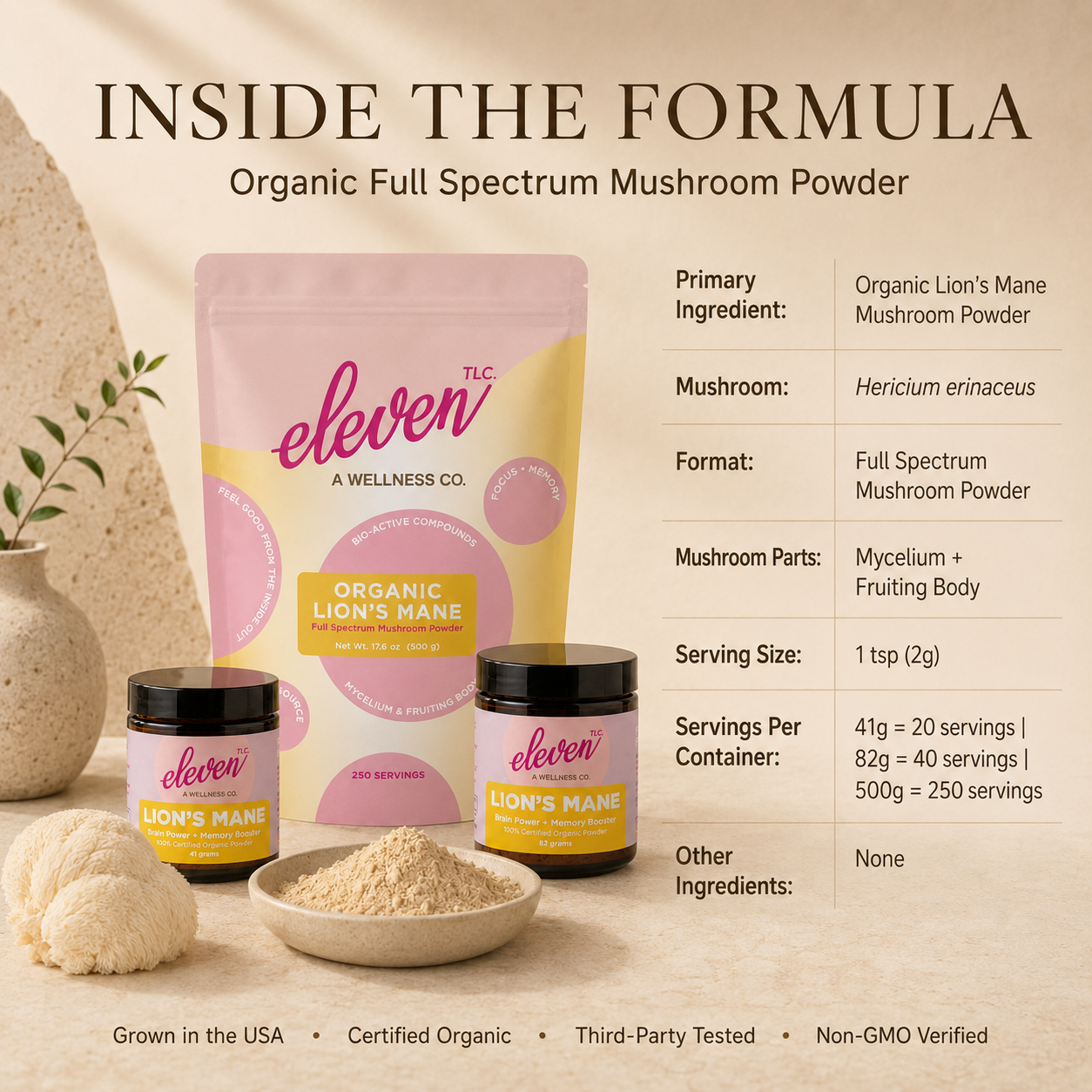 Inside the formula for Eleven TLC Lion’s Mane mushroom powder showing organic mushroom powder, Hericium erinaceus, serving size, and servings by size.