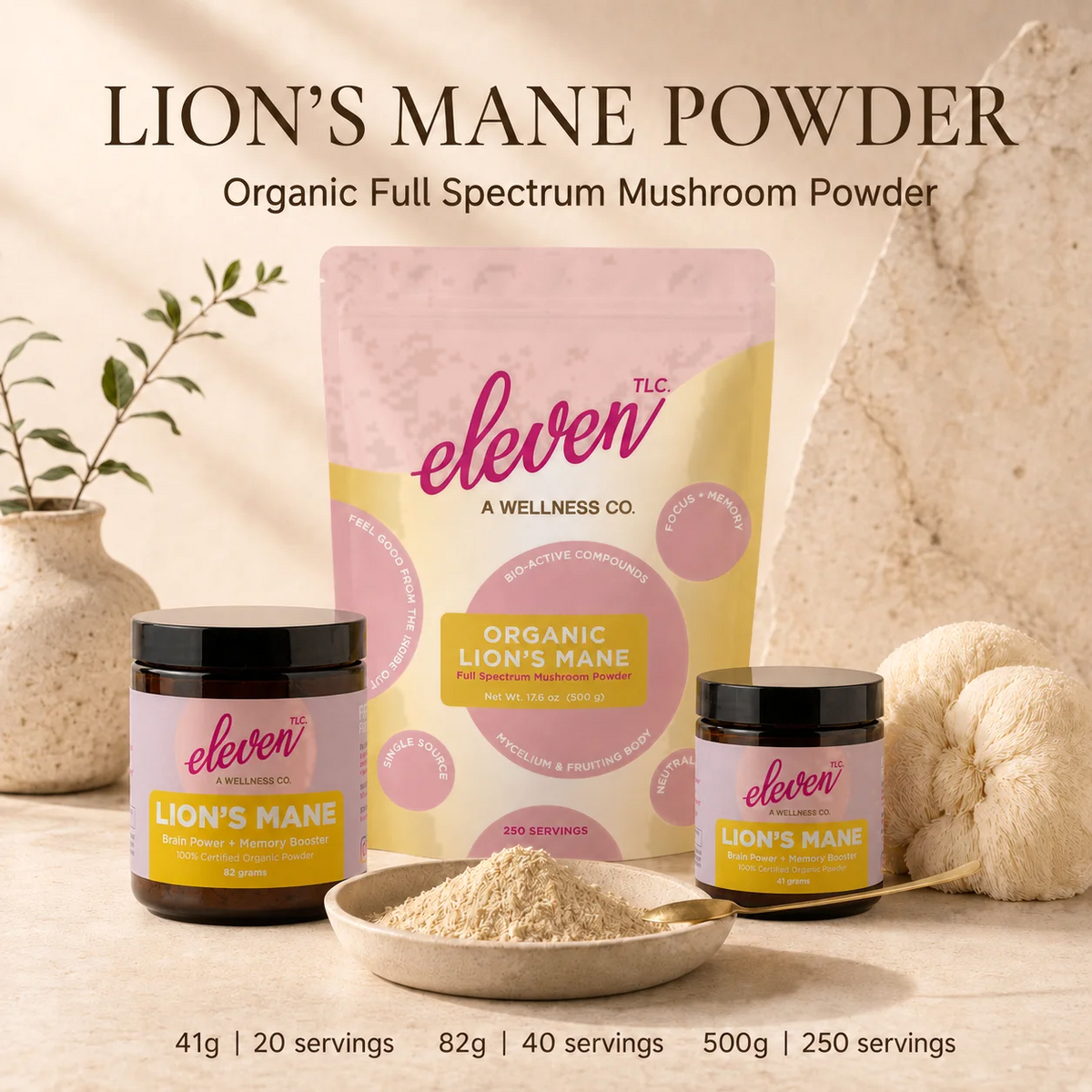 Eleven TLC Organic Lion's Mane Mushroom Powder pouch with 41g and 82g amber glass jars, a bowl of powder with a gold spoon, and a whole lion's mane mushroom on a warm cream background.