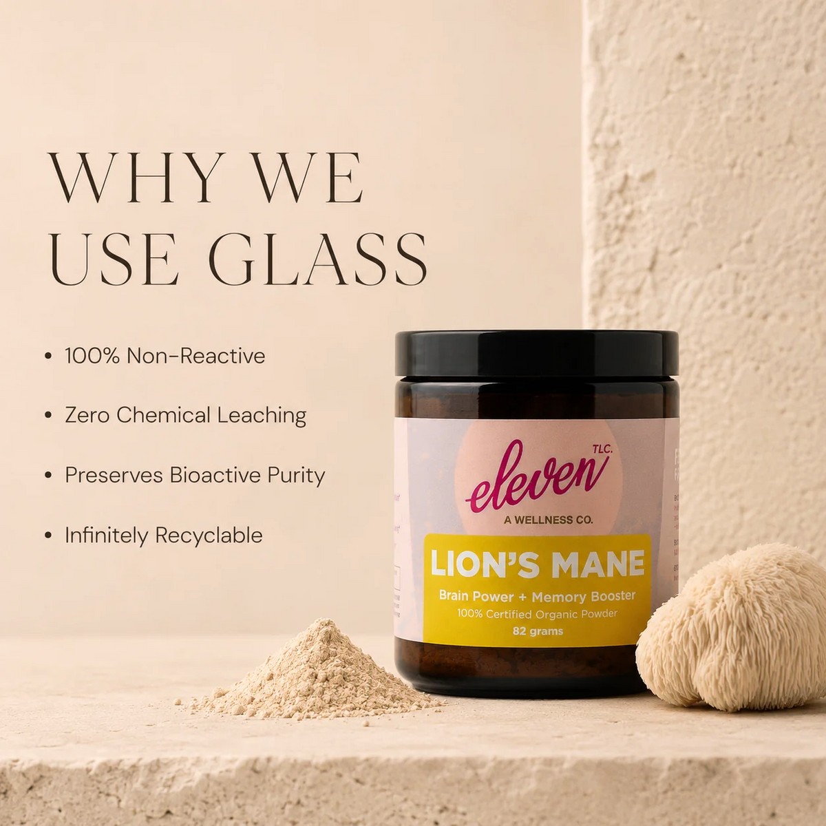 Eleven TLC Organic Lion's Mane Mushroom Powder in an amber glass jar beside loose powder and a lion's mane mushroom, with notes on why it is packed in non-reactive, recyclable glass.
