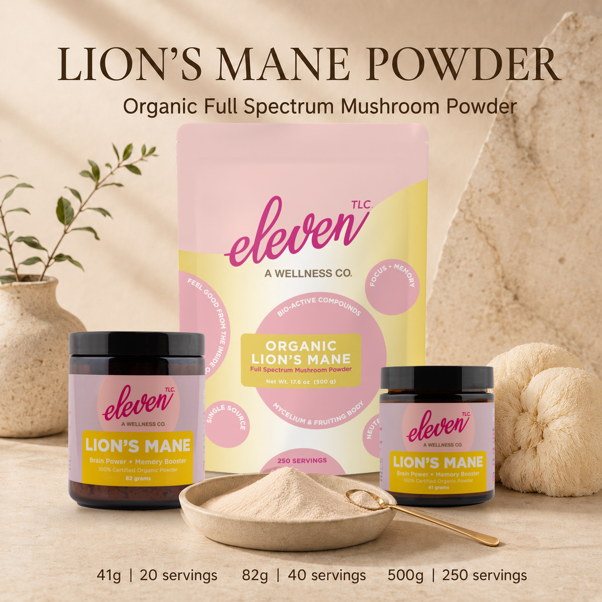 Eleven TLC Lion's Mane powder in 41g and 82g amber jars and a 500g pouch, with finely milled powder, a gold spoon and lion's mane mushroom.