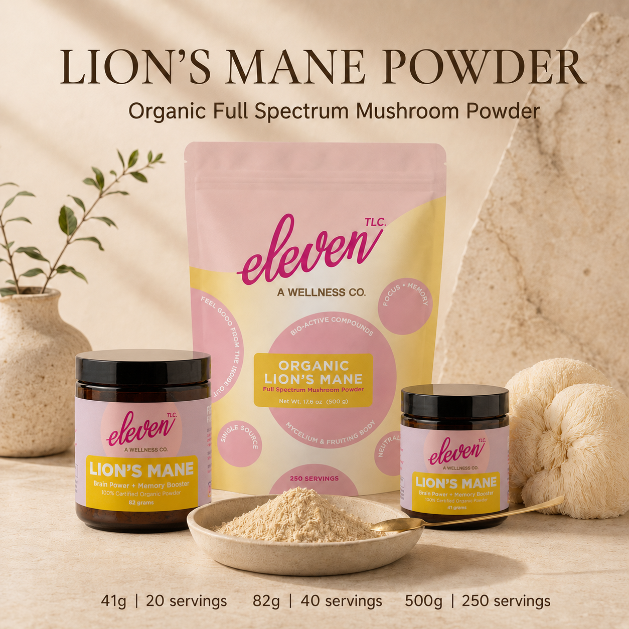 Eleven TLC Lion’s Mane powder pouch with 41g and 82g jars, powder bowl, spoon, and lion’s mane mushroom