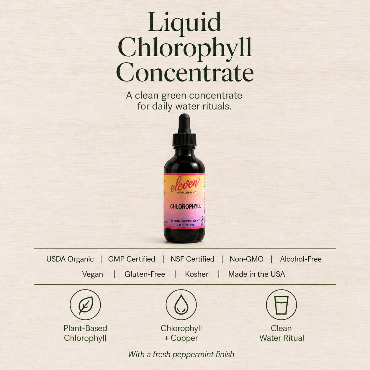 Eleven TLC liquid chlorophyll 2oz bottle with supplement facts, certification icons, and clean water usage details.