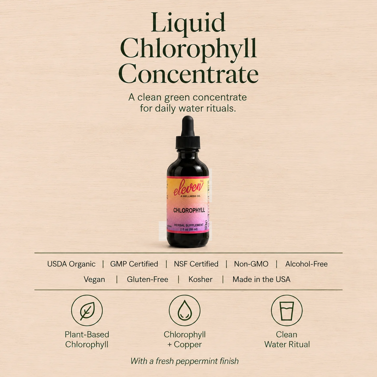 Eleven TLC liquid chlorophyll 2oz bottle with supplement facts, certification icons, and clean water usage details.