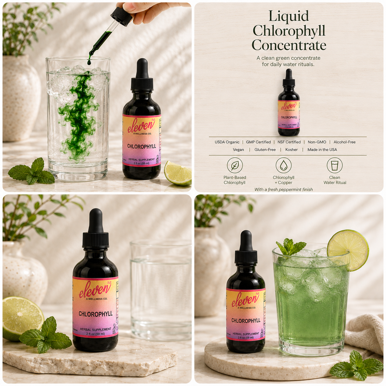 Eleven TLC 2 oz chlorophyll tincture 4-panel collage: dropper shot, certifications, bottle with glass, green lime drink.