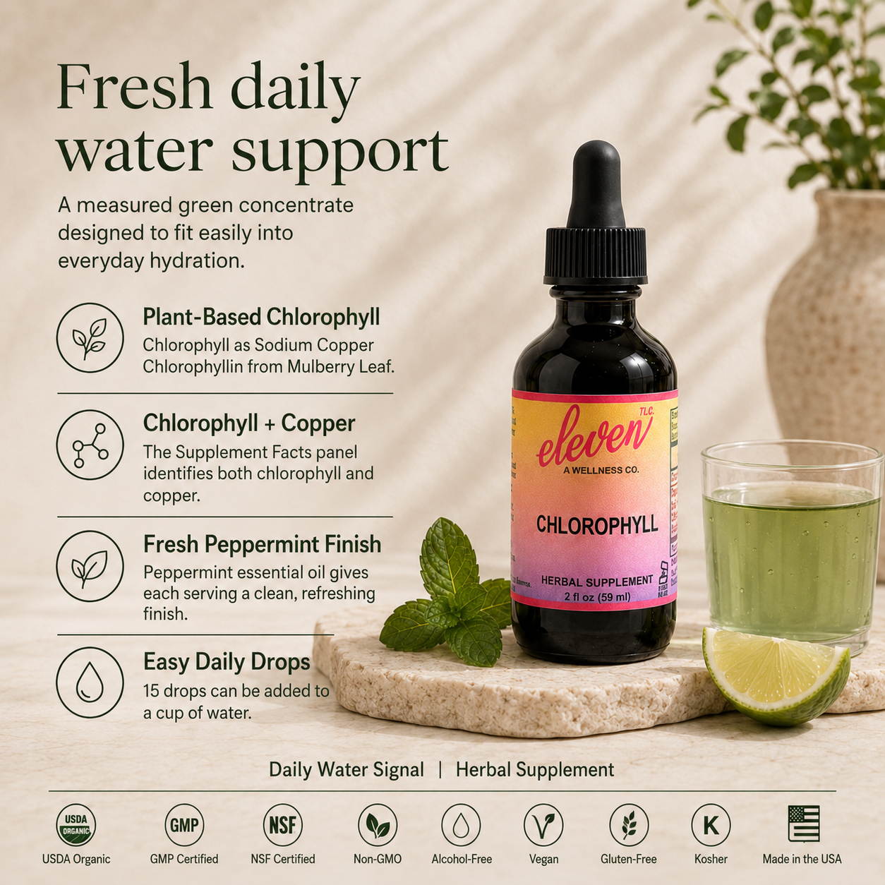 Infographic for Eleven TLC liquid chlorophyll tincture detailing 15-drop dosage, sodium copper chlorophyllin, and certifications.