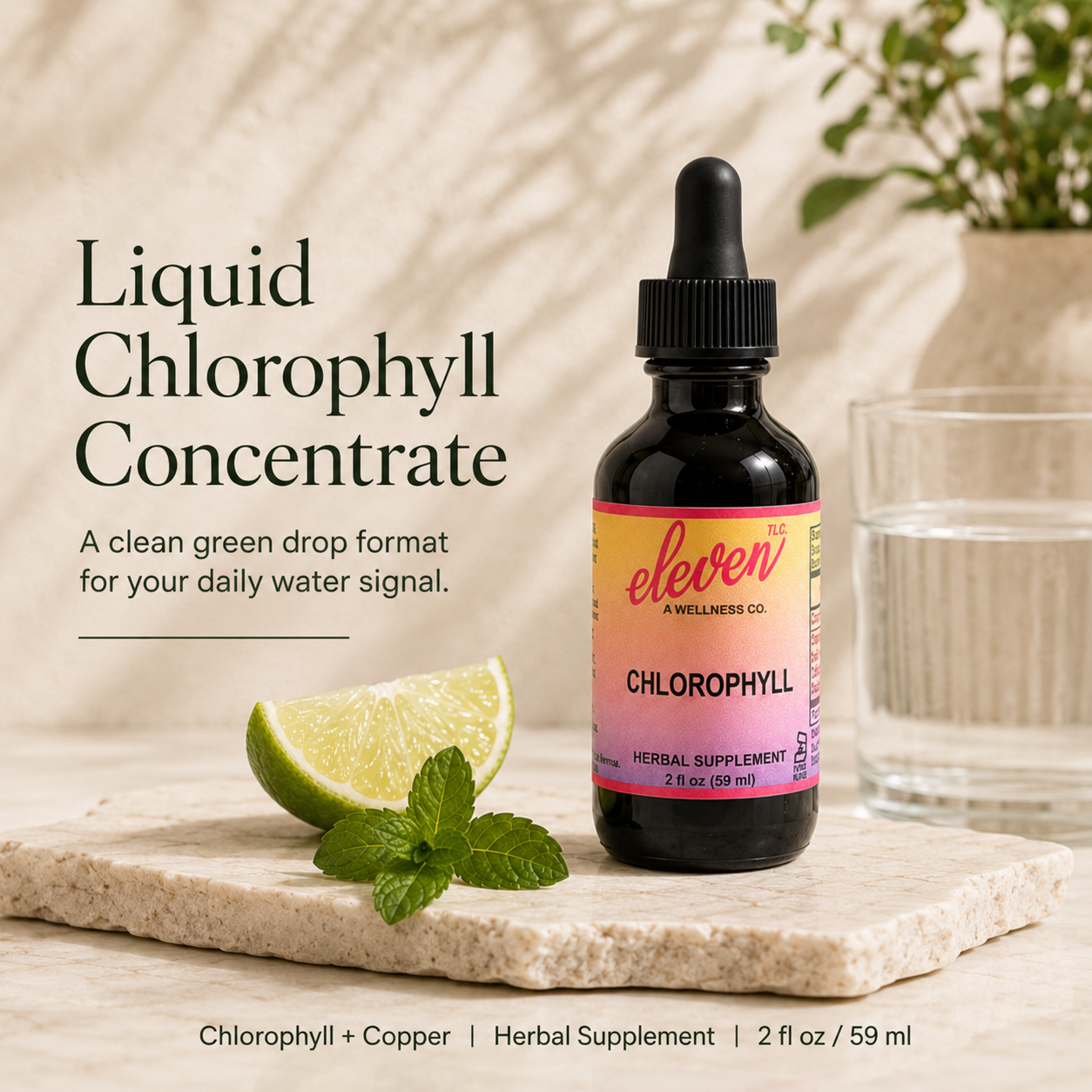 Liquid Chlorophyll Concentrate bottle with lime, mint, and water glass on stone surface.