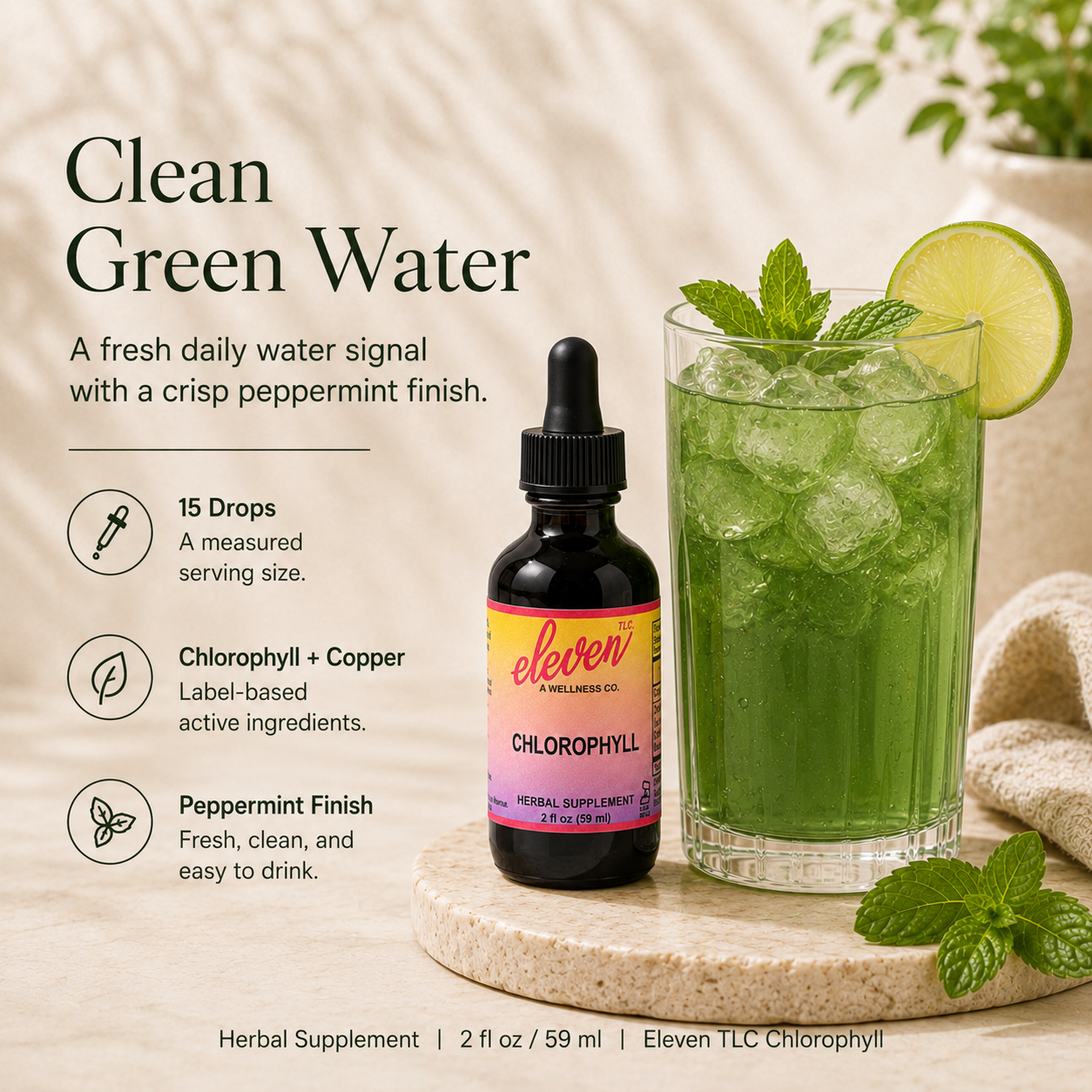 Infographic for Eleven TLC liquid chlorophyll showing 15 drop dosage, chlorophyll plus copper ingredients, and peppermint finish