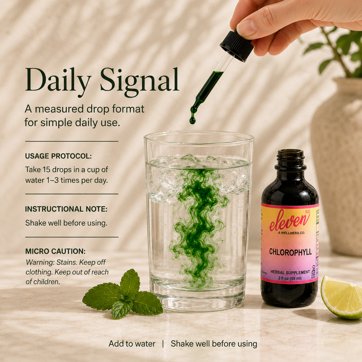 Eleven TLC Liquid Chlorophyll Daily Signal infographic showing 15-drop dosage protocol, shake instructions, and stain warning.