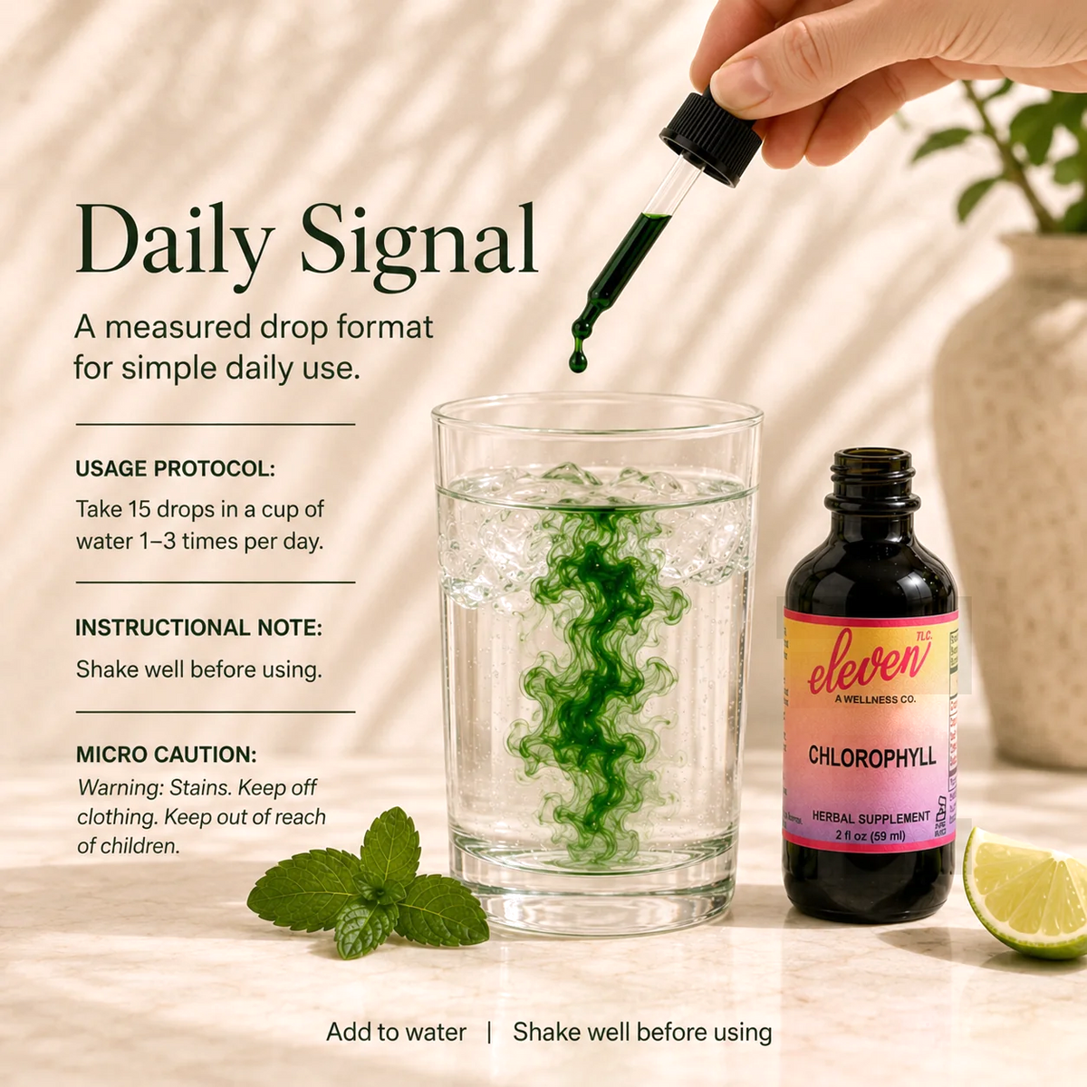 Eleven TLC Liquid Chlorophyll Daily Signal infographic showing 15-drop dosage protocol, shake instructions, and stain warning.