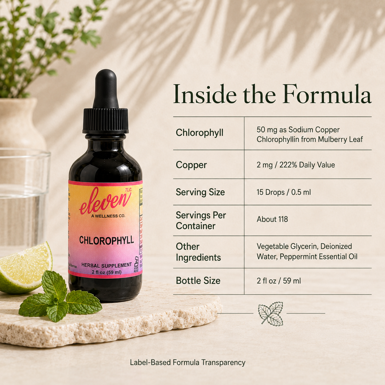 nfographic: Inside the Formula for Liquid Chlorophyll tincture. Details 50mg sodium copper chlorophyllin and ingredients.