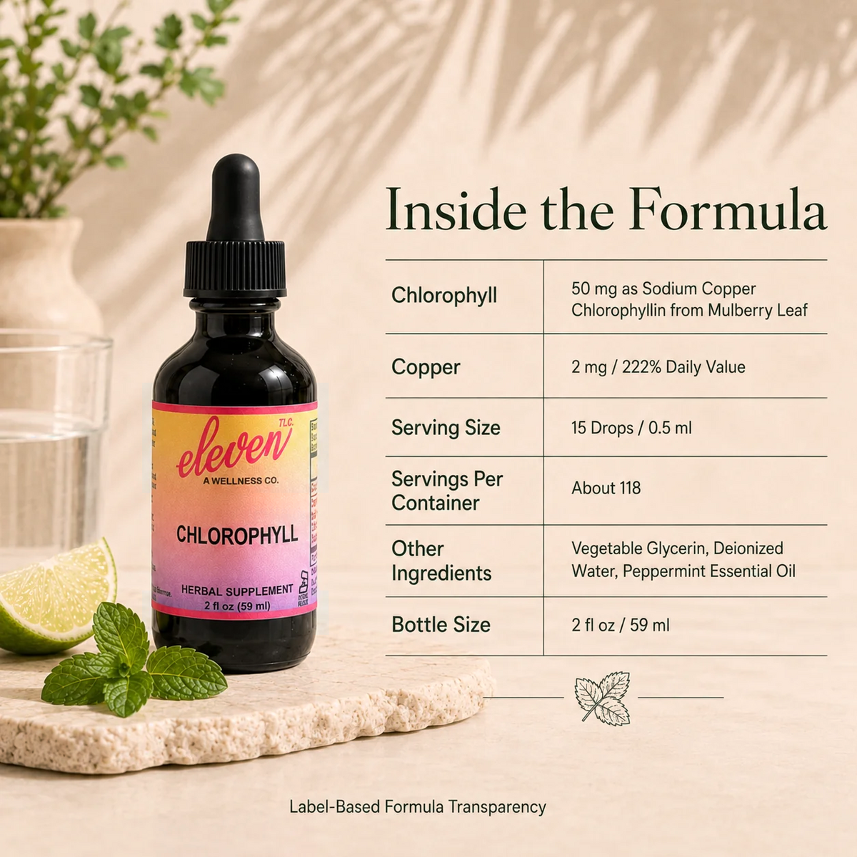 Infographic: Inside the Formula for Liquid Chlorophyll tincture. Details 50mg sodium copper chlorophyllin and ingredients.