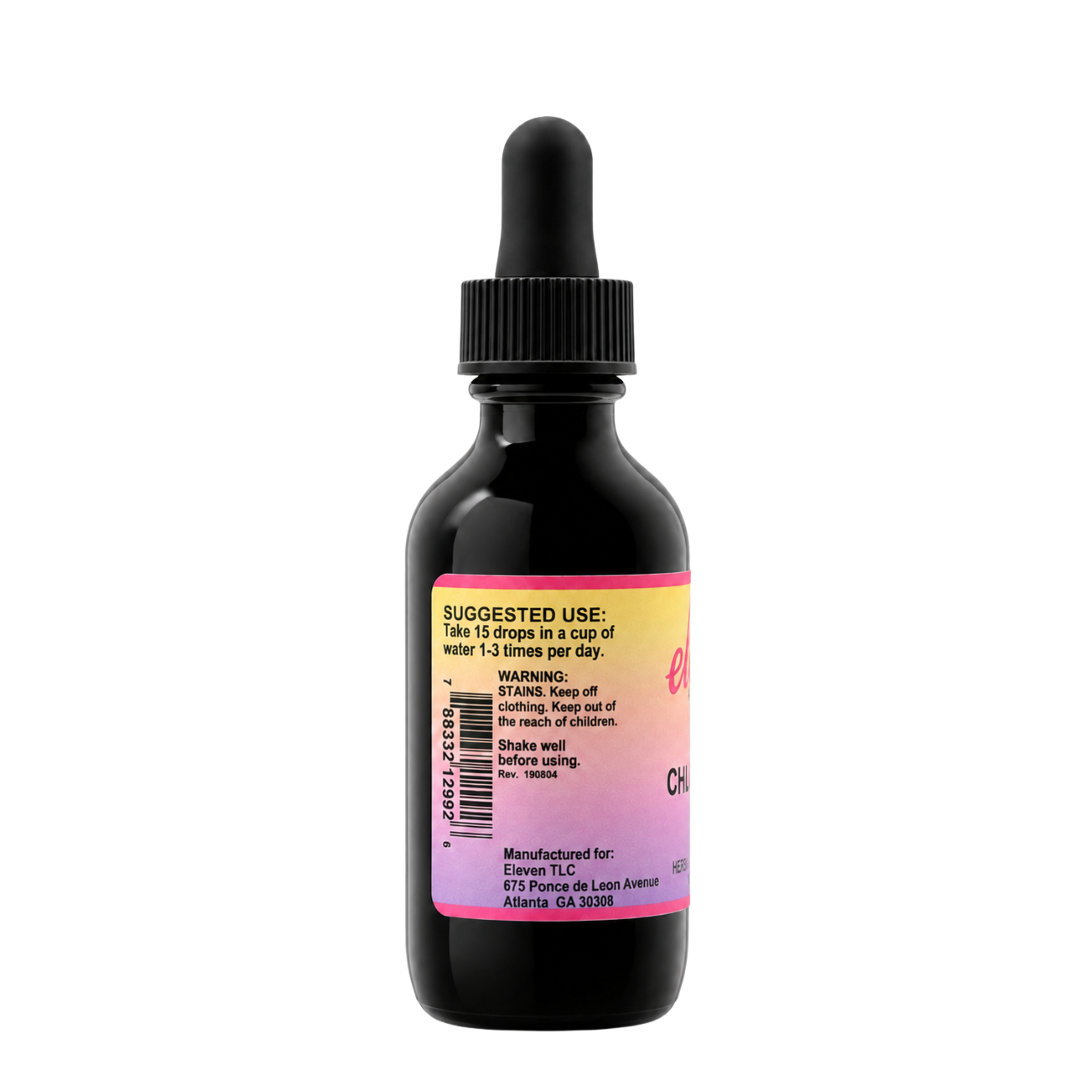Eleven TLC 2 oz chlorophyll tincture suggested use label: 15 drops in water 1-3x daily, warning, manufacturer info.
