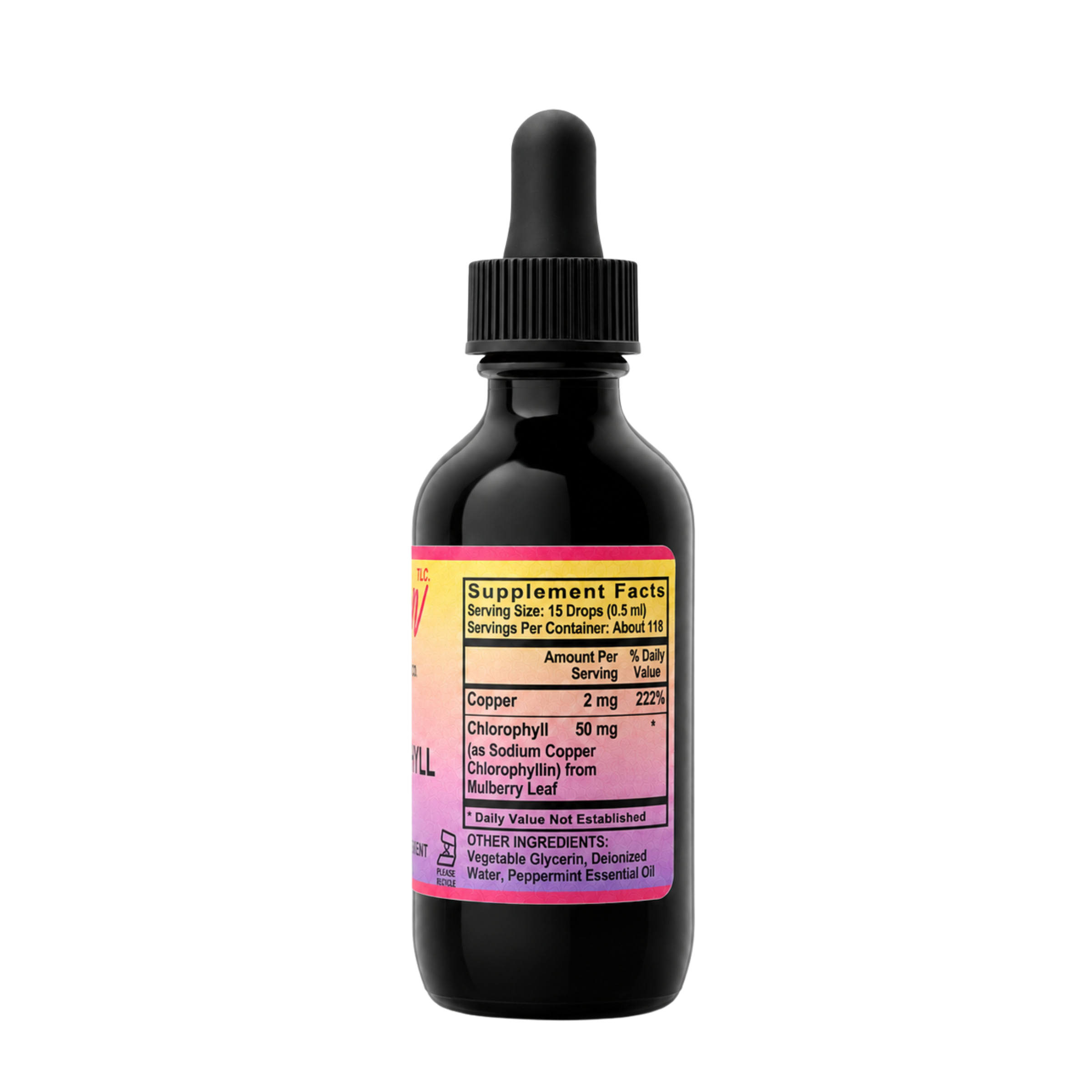 Eleven TLC 2 oz chlorophyll tincture supplement facts: 50mg chlorophyllin, 2mg copper, vegetable glycerin, peppermint oil.