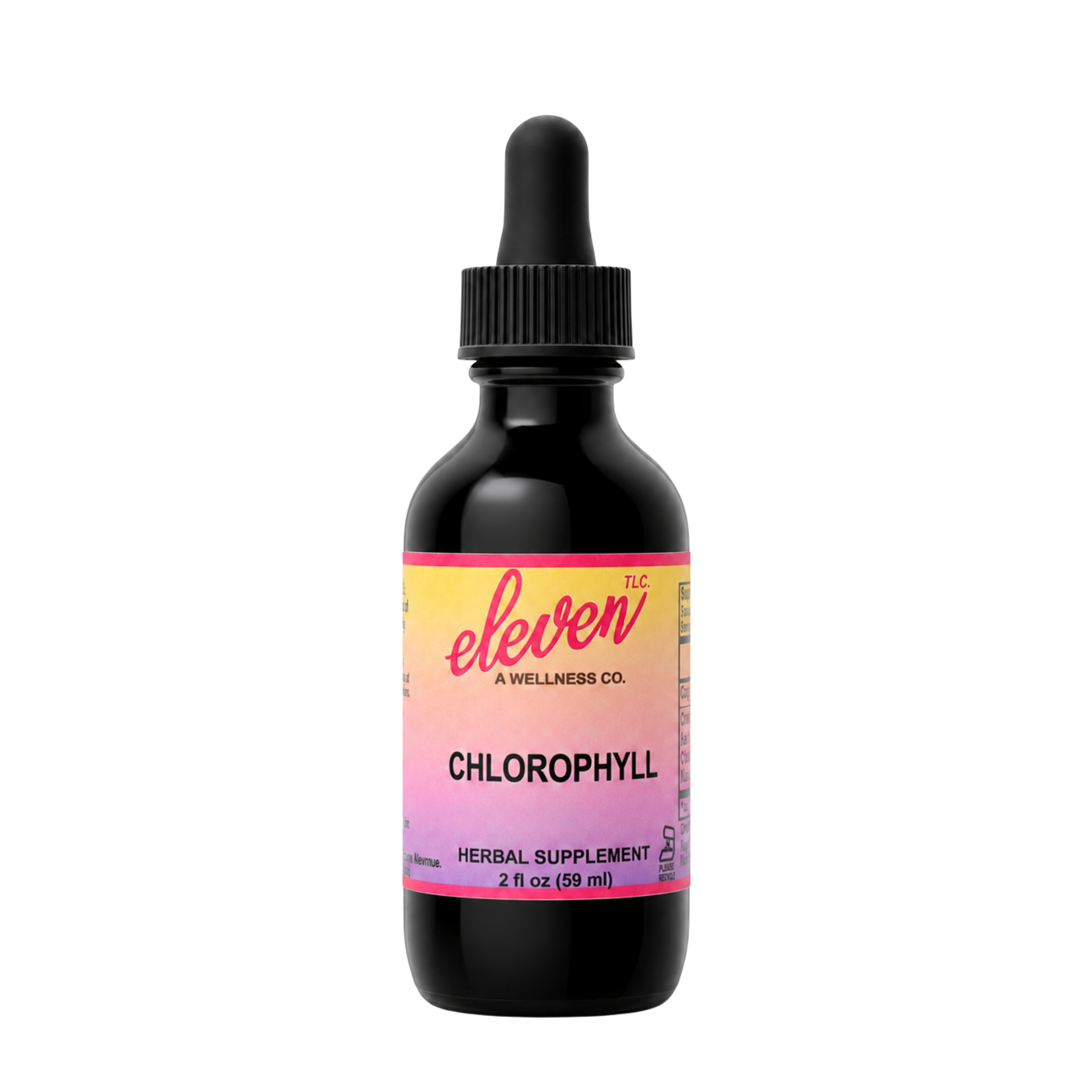Eleven TLC 2 oz amber glass liquid chlorophyll tincture bottle, alcohol-free herbal supplement, front label, white background.