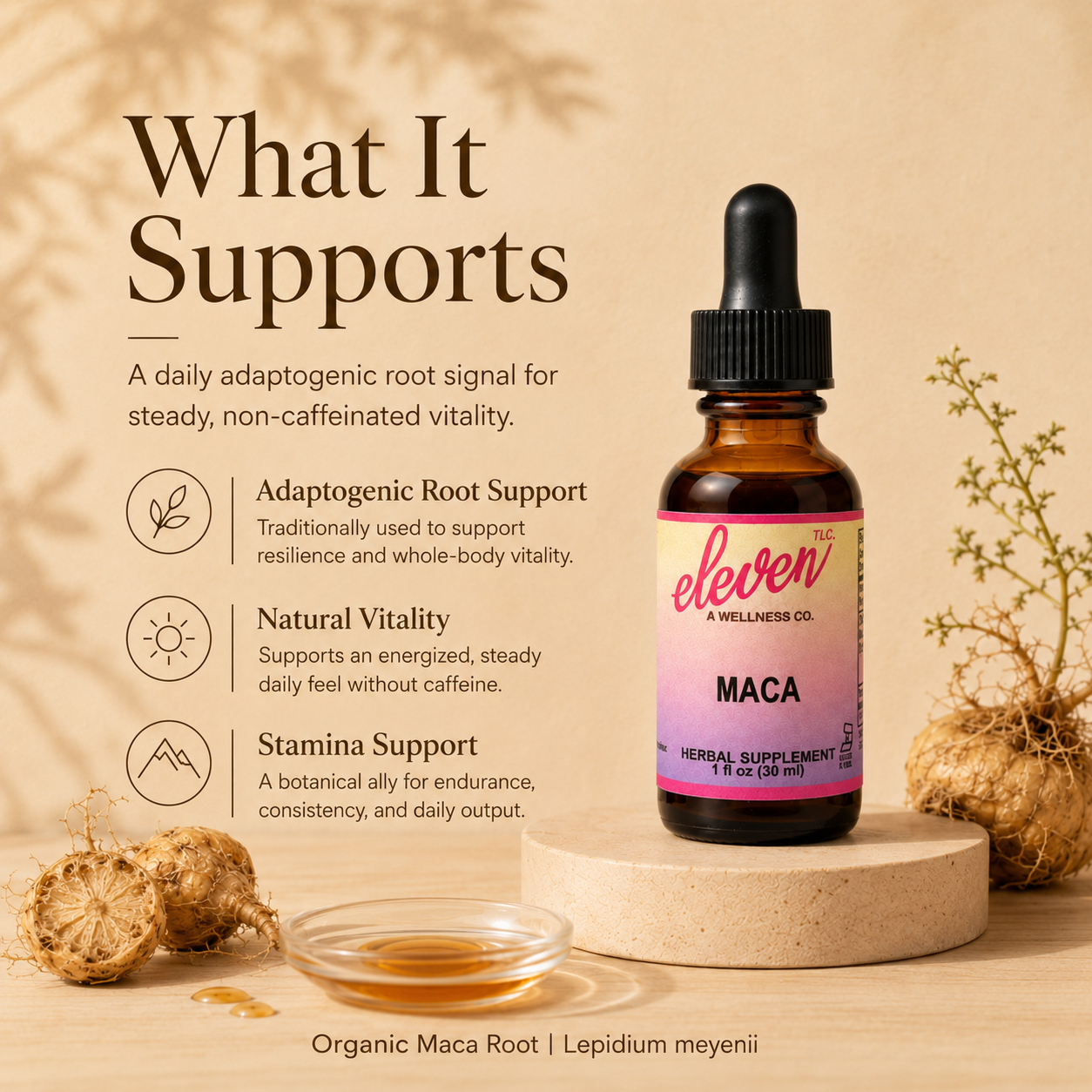 Eleven TLC organic maca root tincture 1oz bottle with infographic detailing adaptogenic support, natural vitality, and stamina.