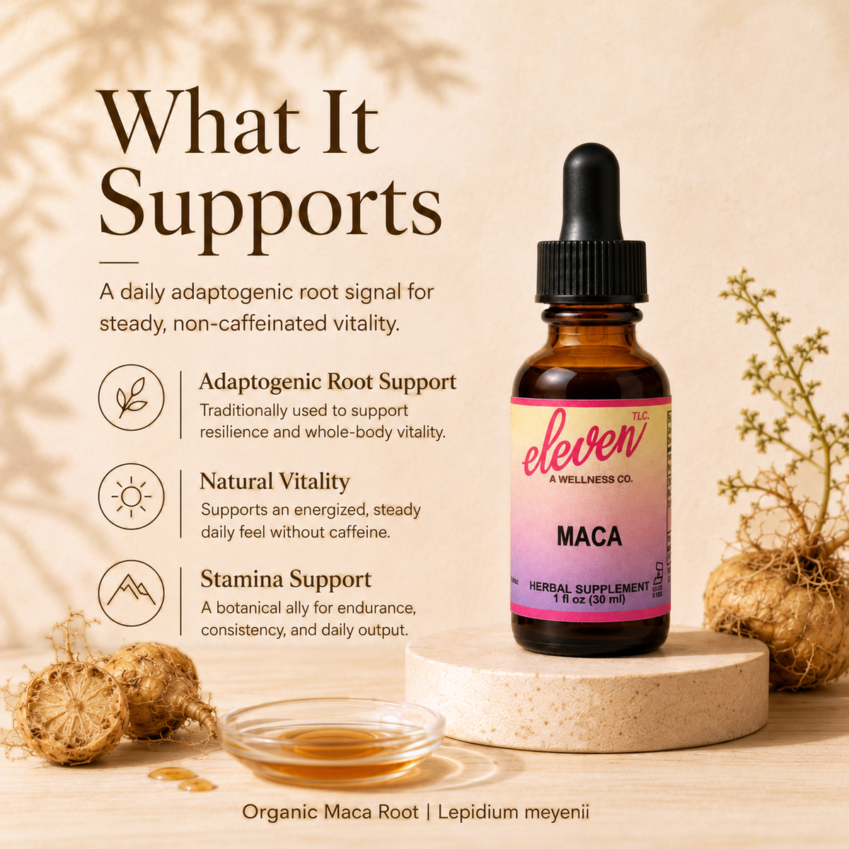Eleven TLC organic maca root tincture 1oz bottle with infographic detailing adaptogenic support, natural vitality, and stamina.