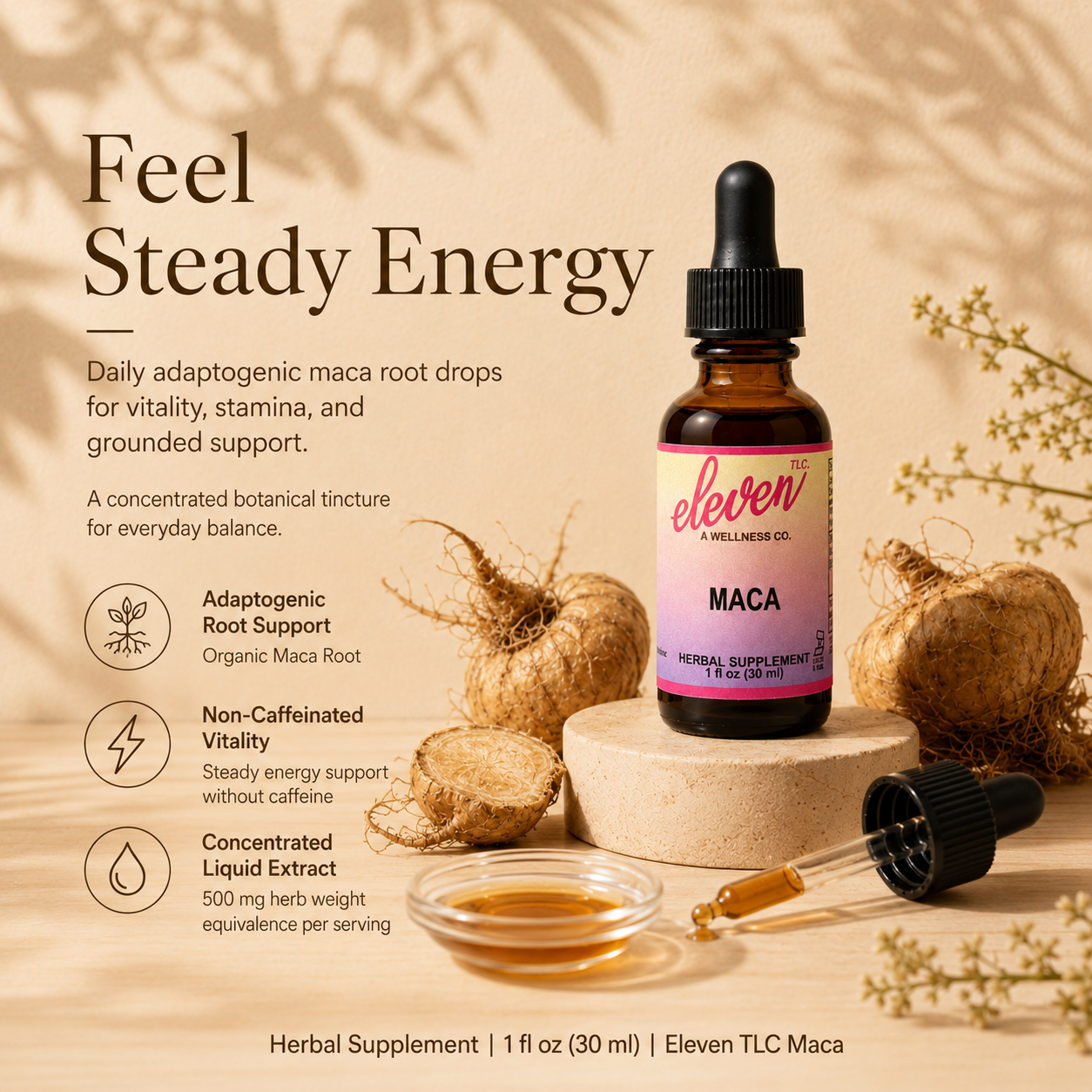 Eleven TLC 1oz organic maca root tincture bottle with infographic showing energy, stamina, and adaptogenic support benefits.