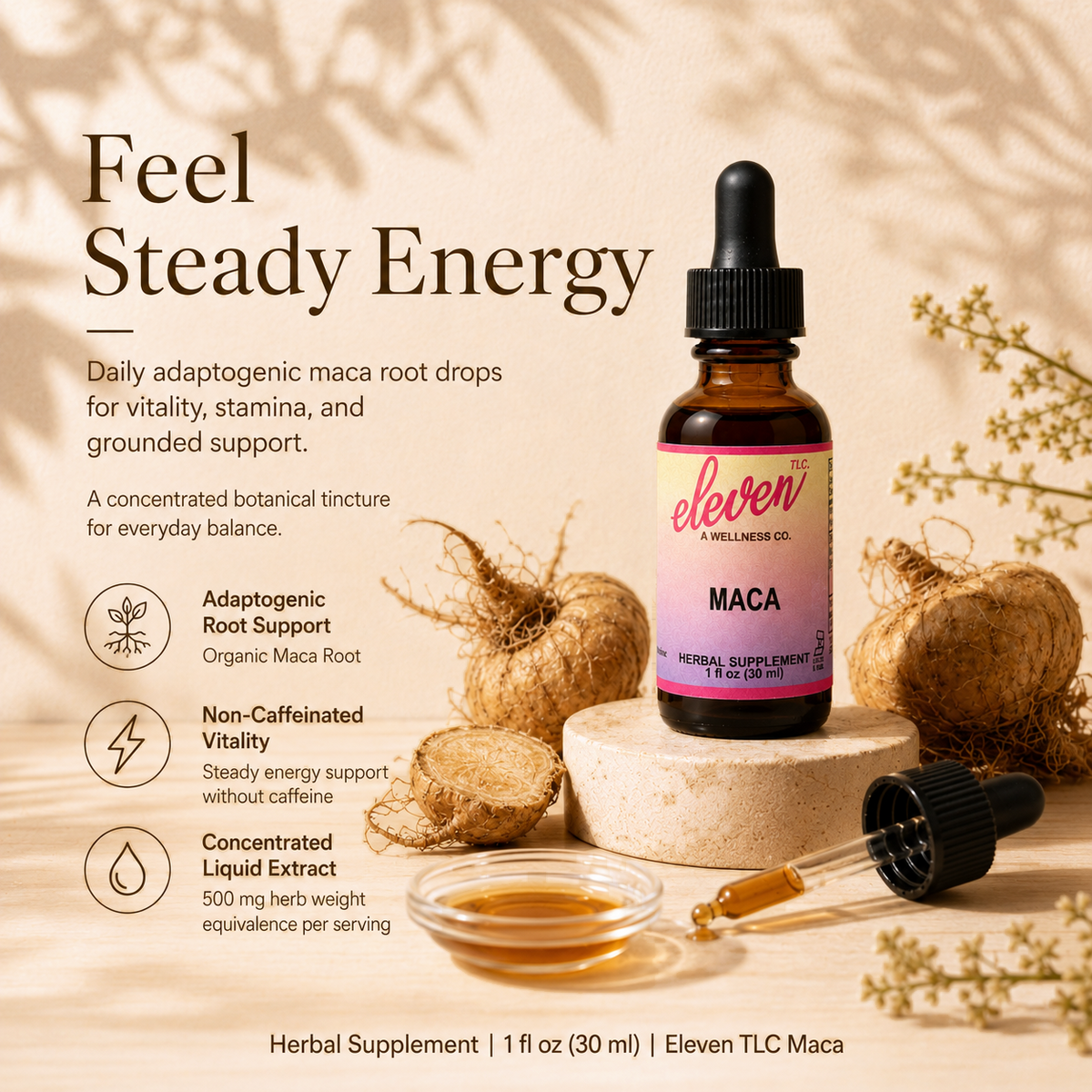 Eleven TLC 1oz organic maca root tincture bottle with infographic showing energy, stamina, and adaptogenic support benefits.