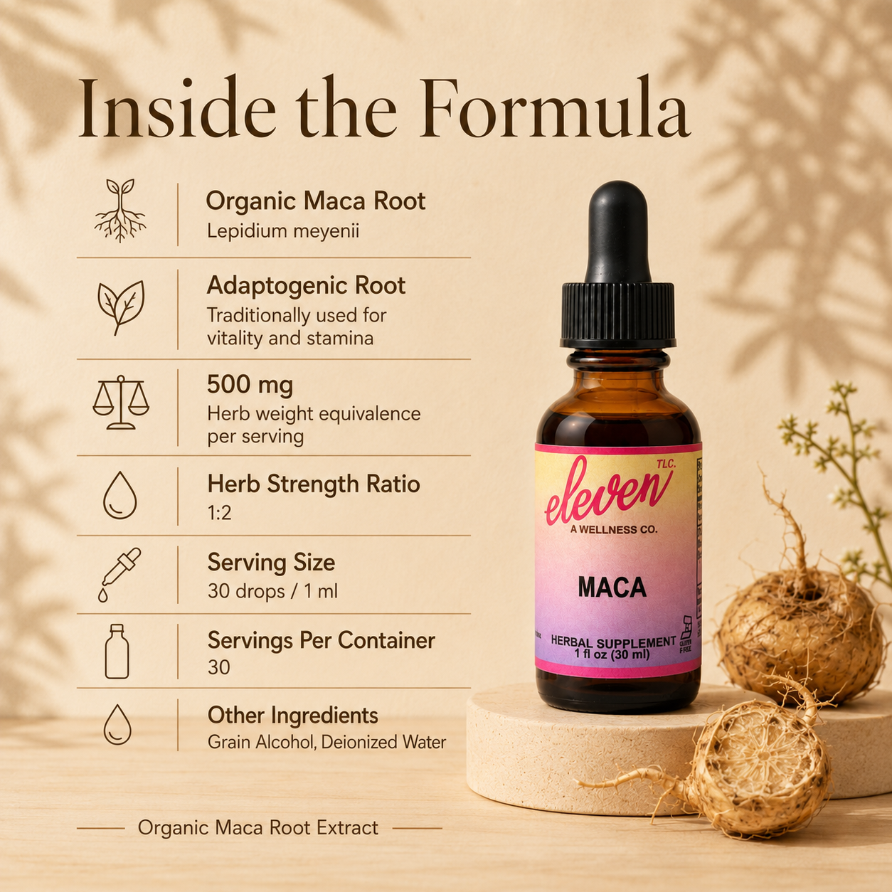 Eleven TLC organic maca root tincture 1oz bottle with infographic detailing ingredients, extraction ratio, and serving size.