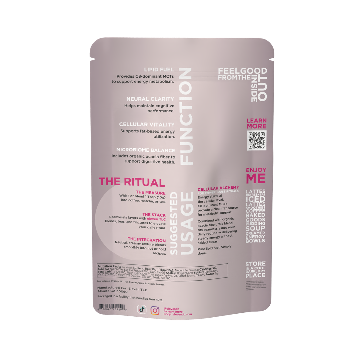 Back of the Eleven TLC organic MCT oil powder 500g pouch with Nutrition Facts, ingredients, suggested usage of 1 tbsp (10g) and storage directions.