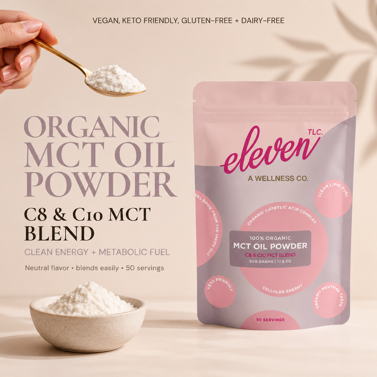 Eleven TLC MCT Oil Powder 500g pouch in kitchen setting; functional supplement for daily signal beverage preparation.