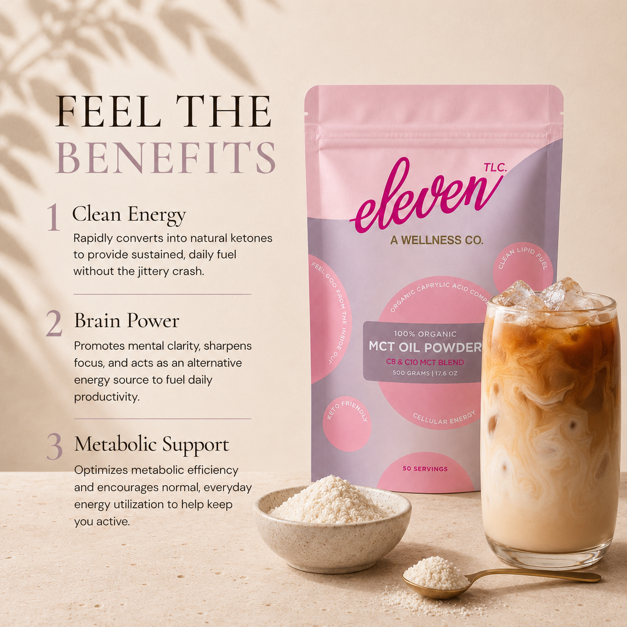 Eleven TLC MCT Oil Powder 500g pouch in kitchen setting; functional supplement for daily signal beverage preparation.