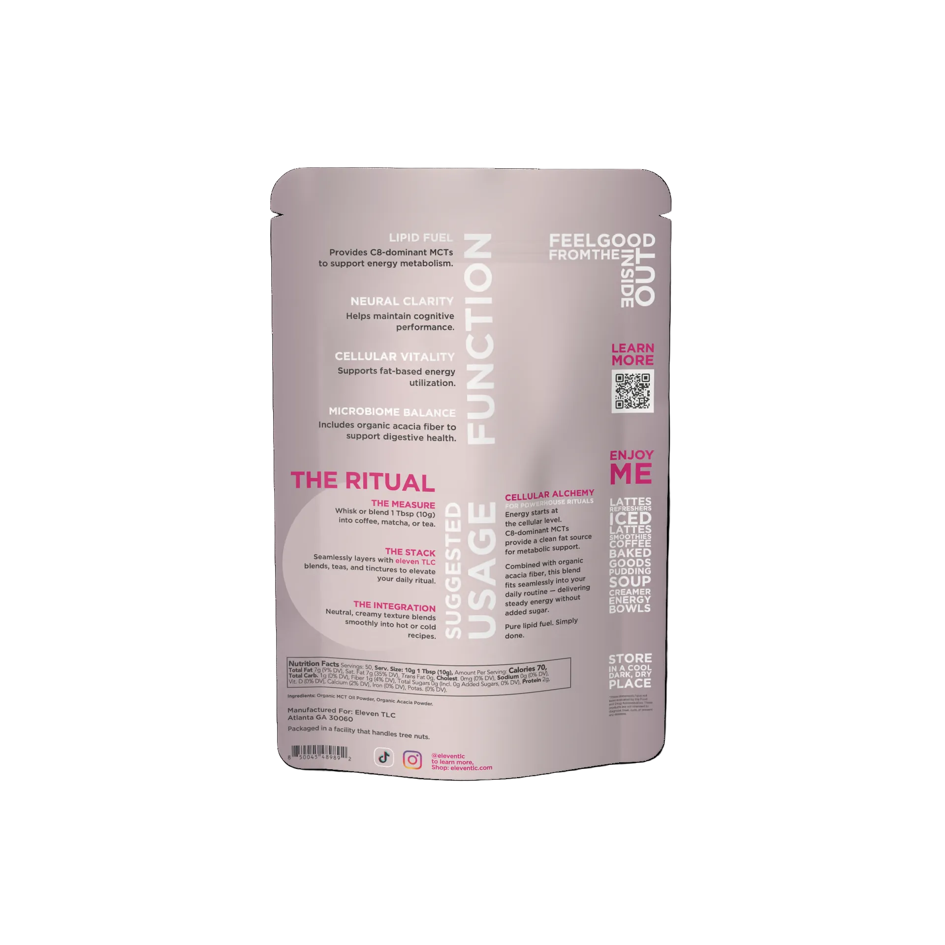 Eleven TLC MCT Oil Powder 500g back panel; technical ingredient profile and usage guide for daily signal preparation