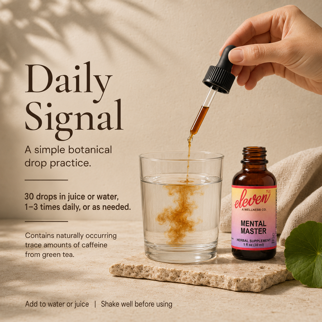 Eleven TLC Mental Master 1 oz tincture instructional graphic; details 30-drop serving size, daily usage, and caffeine disclosure.