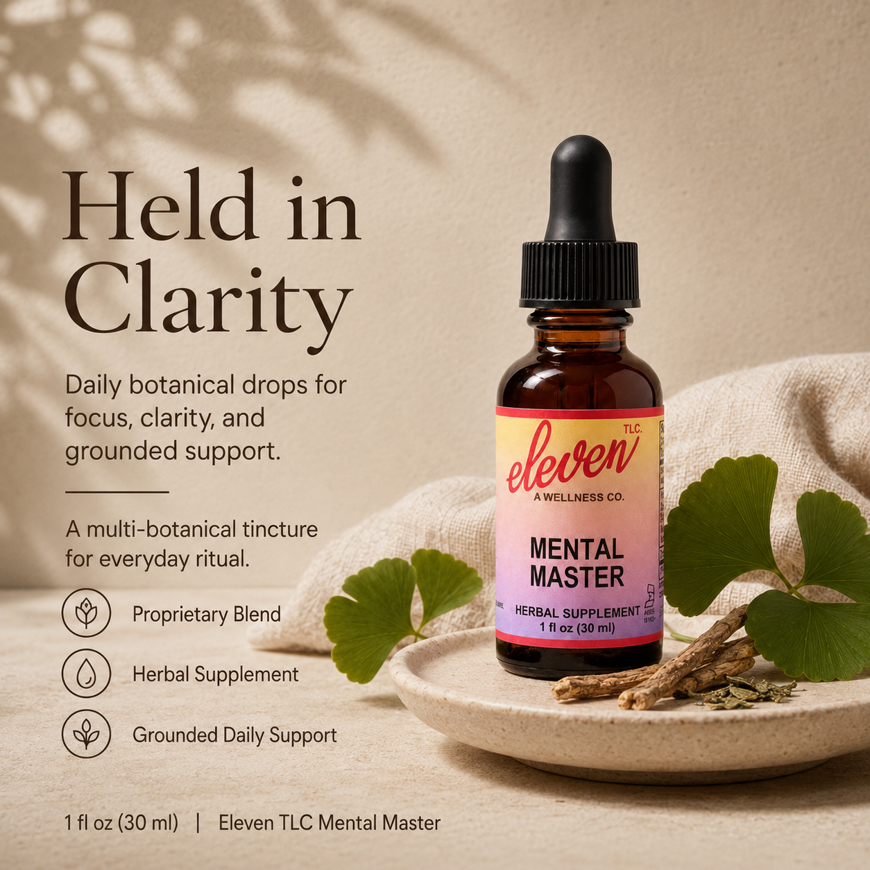 Eleven TLC Mental Master 1 oz tincture infographic; details daily botanical drops for focus, clarity, and cognitive support.