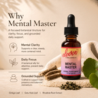 Eleven TLC Mental Master 1 oz tincture infographic; details mental clarity benefits, daily focus, and botanical ingredients
