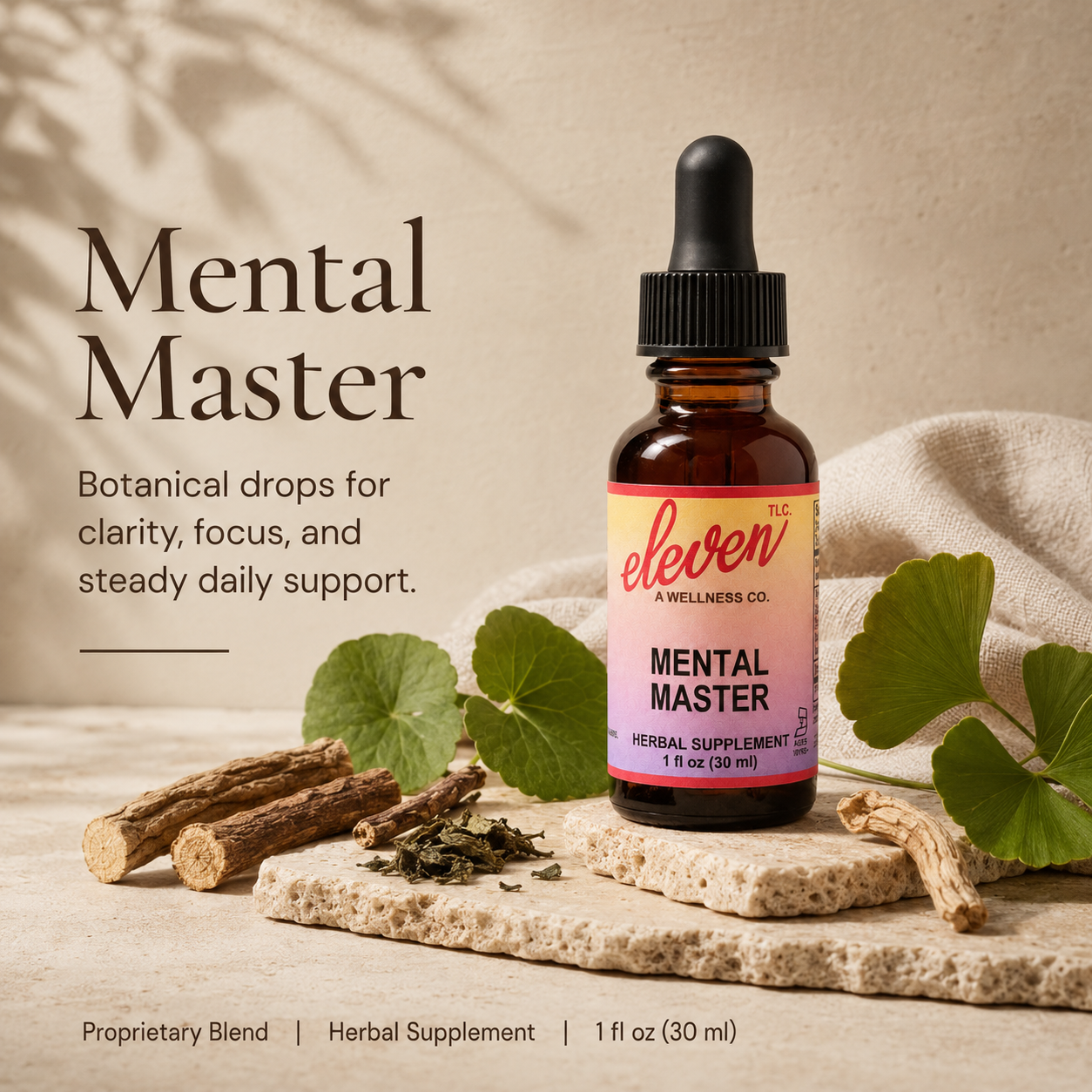 Eleven TLC Mental Master 1 oz tincture amber glass bottle with dropper, featuring branded label and botanical herbs.