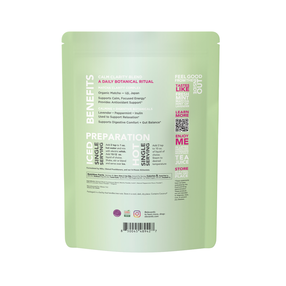 Eleven TLC Minty Lavender Matcha 500g pouch, back panel with preparation instructions and botanical ingredients.