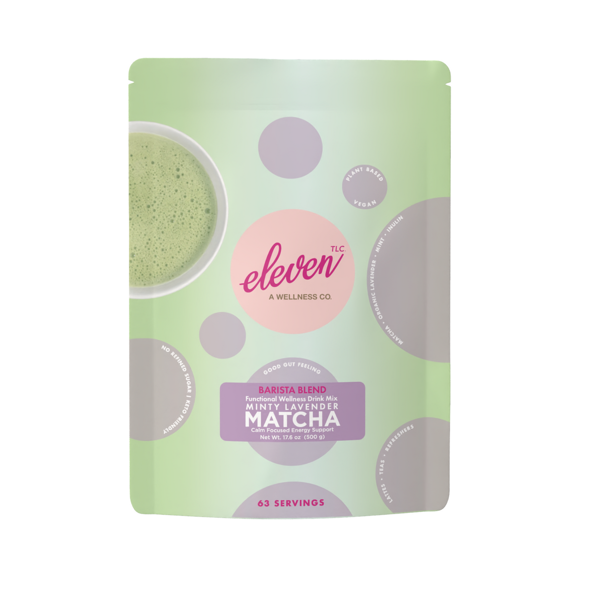 Eleven TLC Minty Lavender Matcha barista blend 500g standing pouch, front panel with botanical graphics.