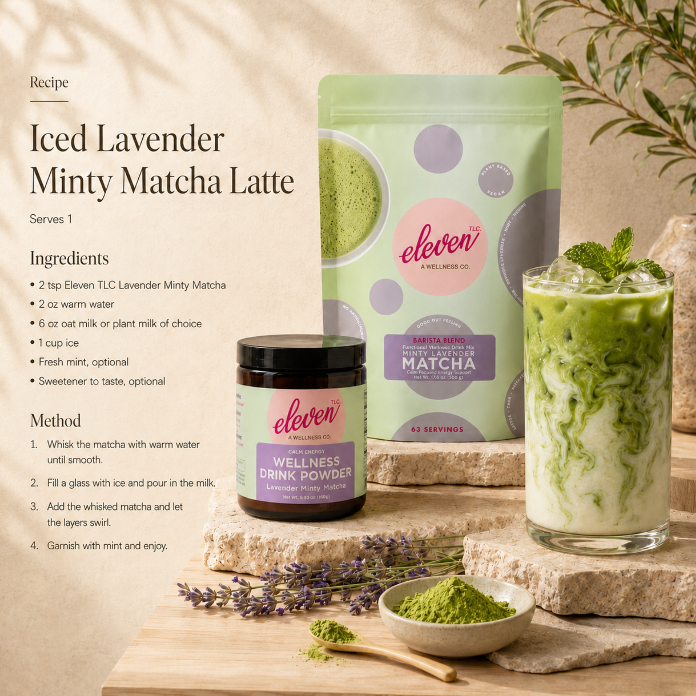 eleven-tlc-minty-lavender-matcha-powder-recipe-infographic-detailing-iced-lavender-minty-matcha-latte-preparation-with-168g-amber-glass-jar-and-500g-bulk-pouch-on-travertine-stone