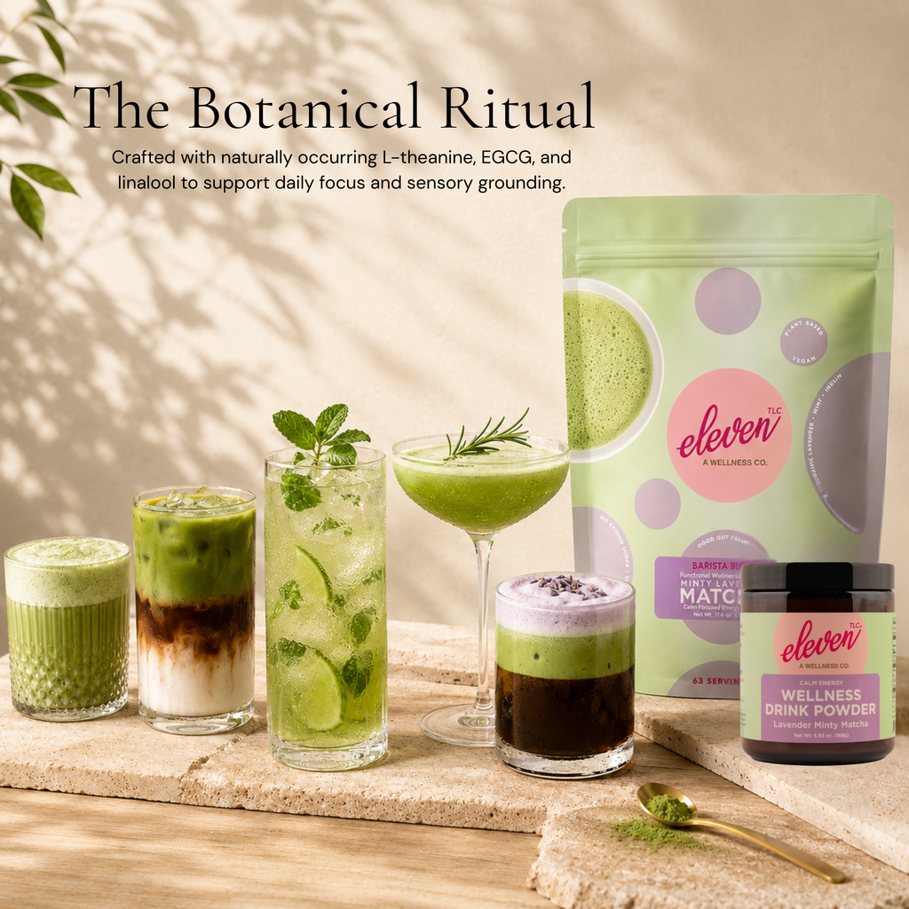 eleven-tlc-minty-lavender-matcha-powder-infographic-showcasing-five-drink-variations-including-latte-and-mocktail-prep-with-500g-bulk-pouch-and-168g-glass-jar-on-travertine-surface